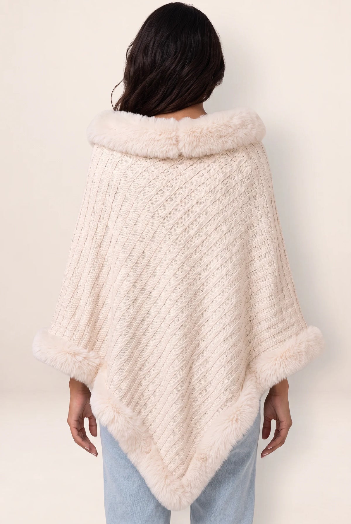 Women's Knitted Cape Coat with Faux Fur Trim