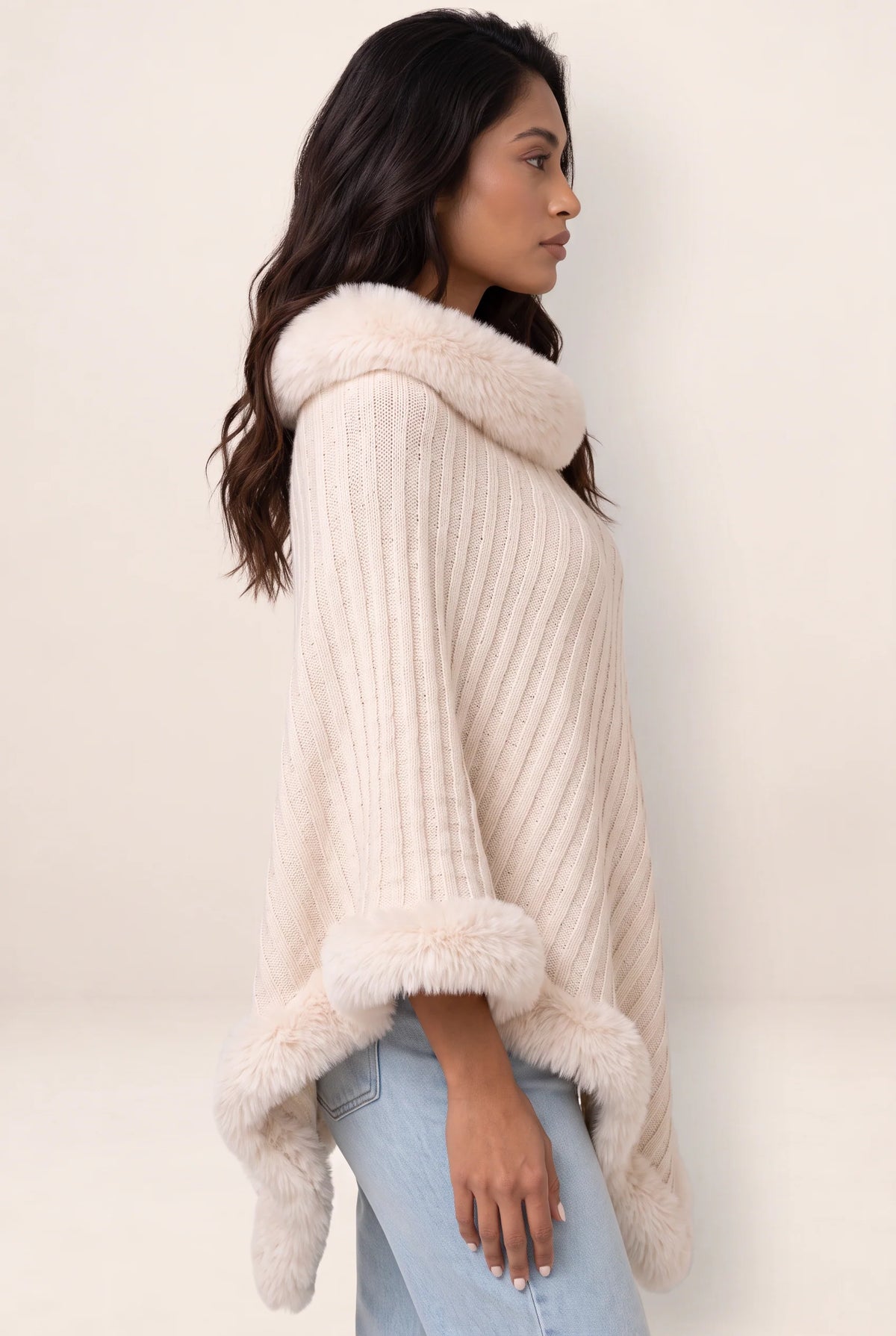 Women's Knitted Cape Coat with Faux Fur Trim