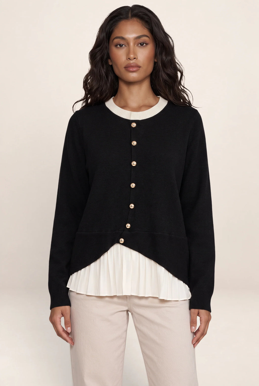 Women’s Layered Knit Cardigan – Button Front Pleated Hem Jumper