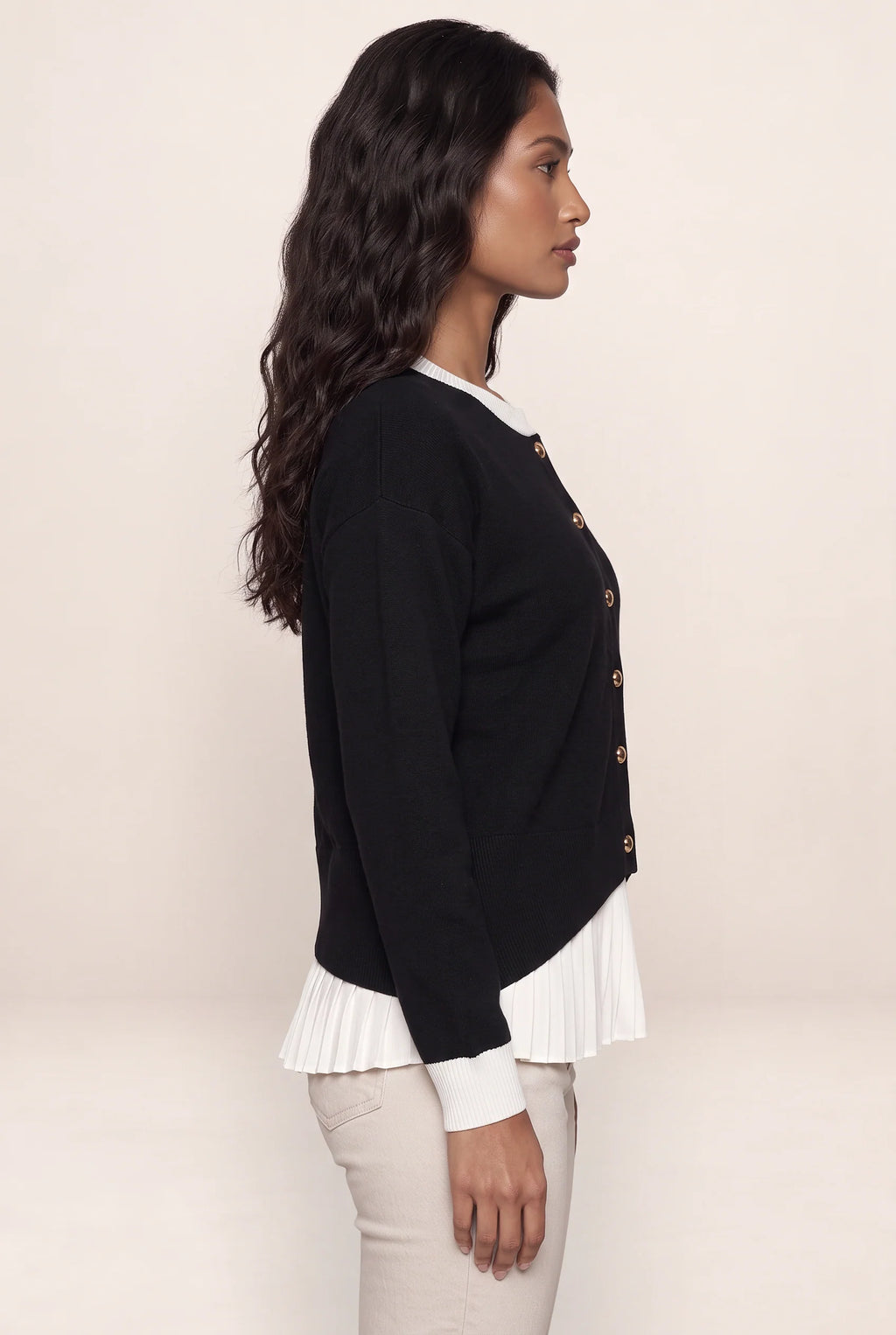 Women’s Layered Knit Cardigan – Button Front Pleated Hem Jumper