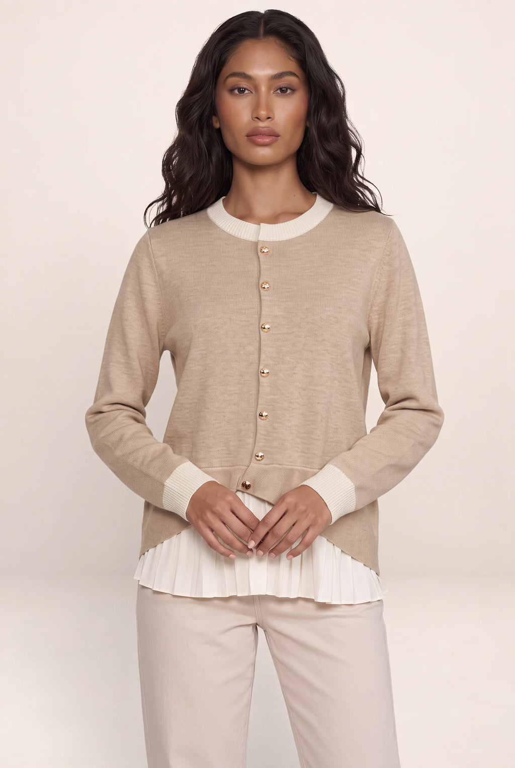 Women’s Layered Knit Cardigan – Button Front Pleated Hem Jumper