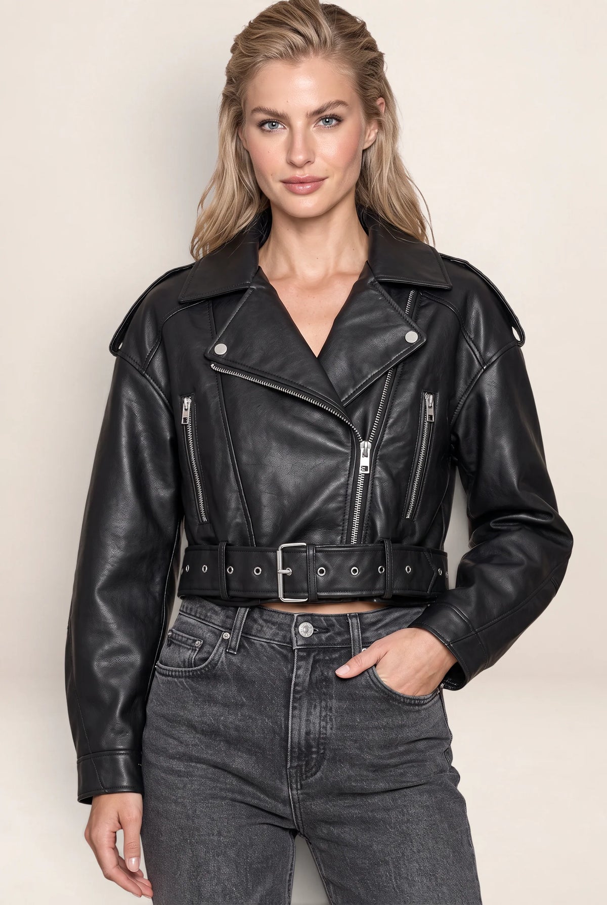 Women's Leather Look Biker Jacket