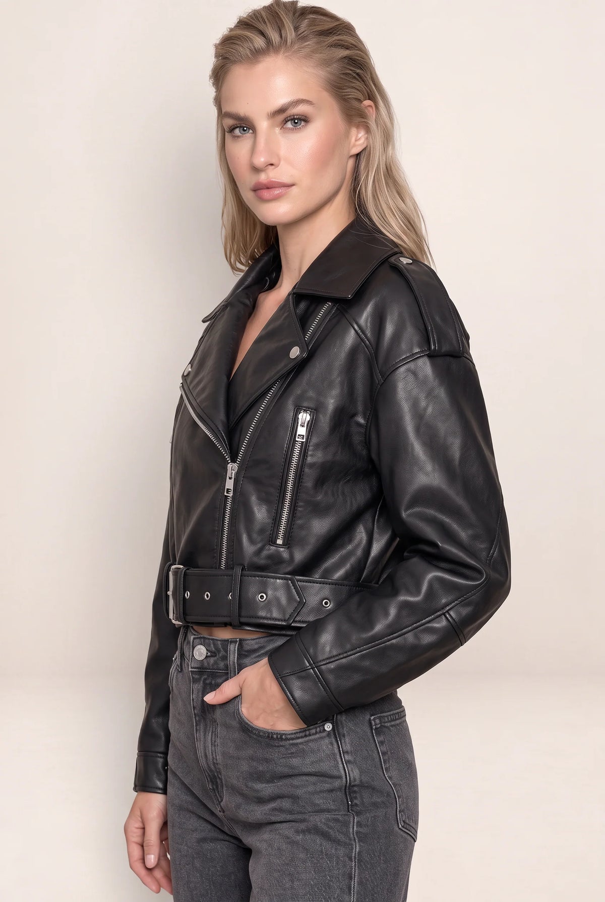 Women's Leather Look Biker Jacket