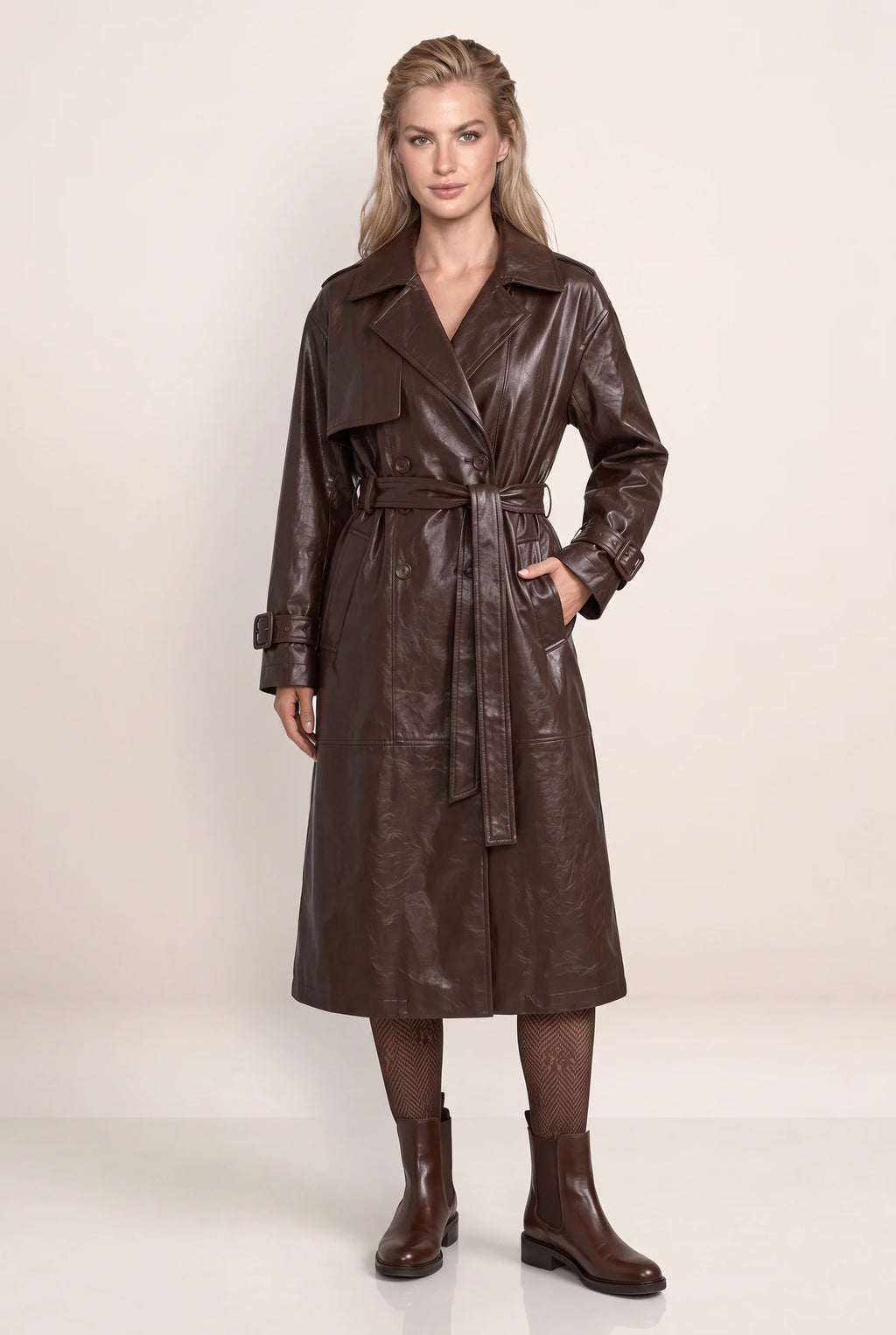 Women’s Leather Look Trench Coat with Double-Breasted Design