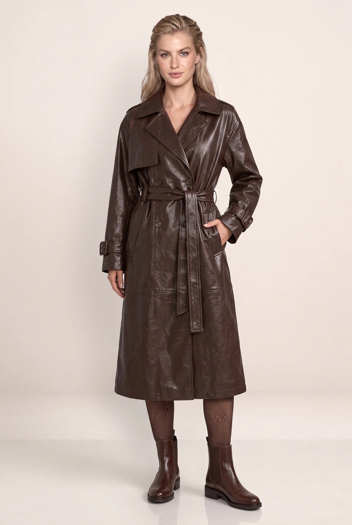Women’s Leather Look Trench Coat with Double-Breasted Design