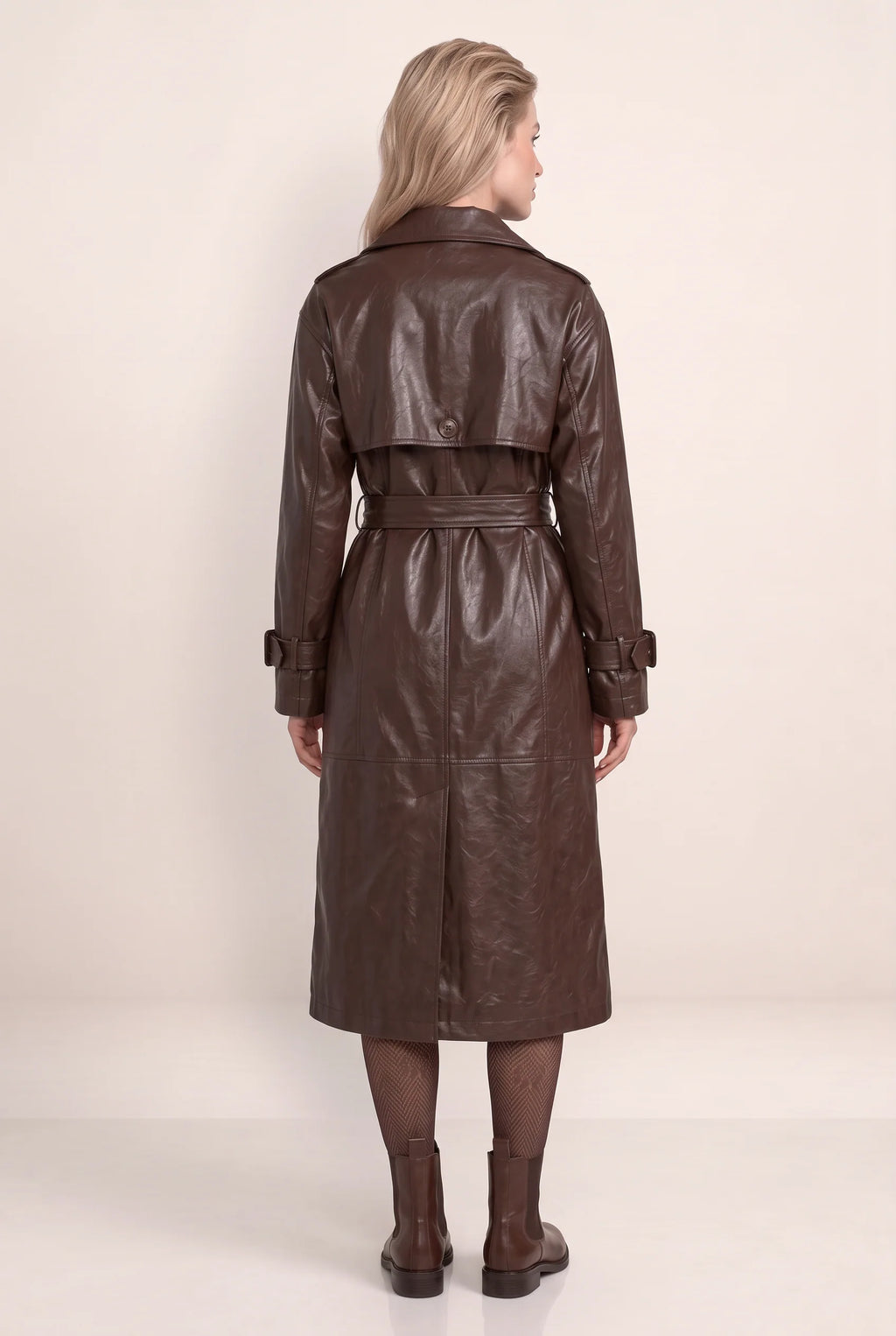 Women’s Leather Look Trench Coat with Double-Breasted Design