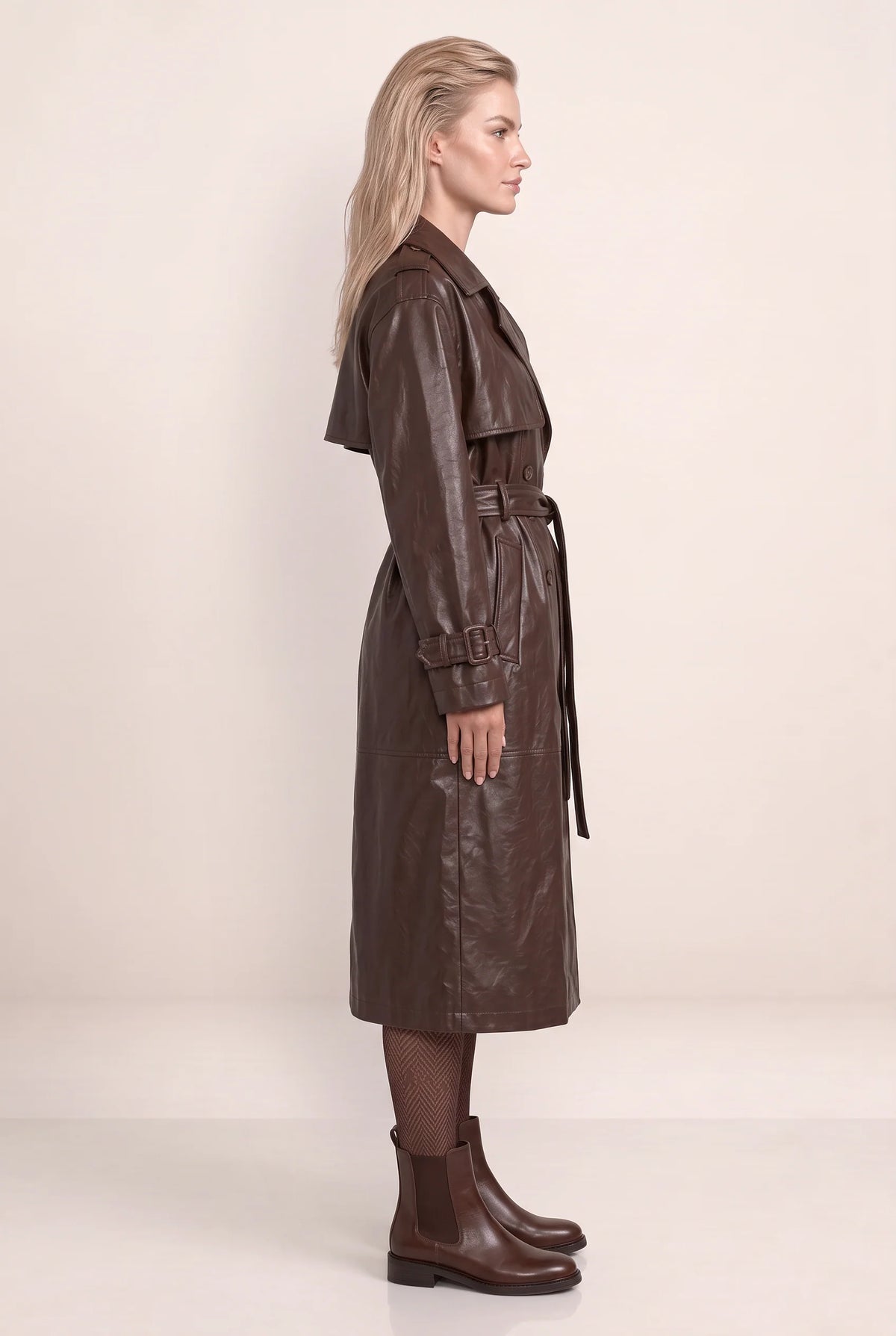 Women’s Leather Look Trench Coat with Double-Breasted Design