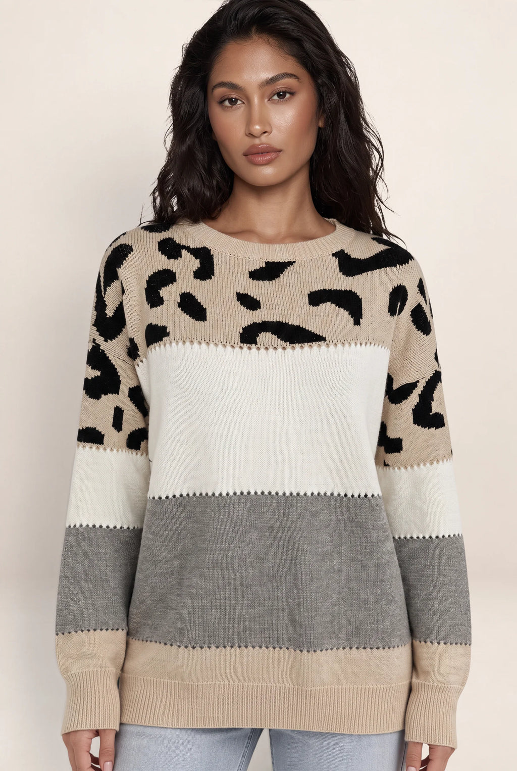 Women's Leopard Print Knit Sweater - Relaxed Crew Neck Jumper