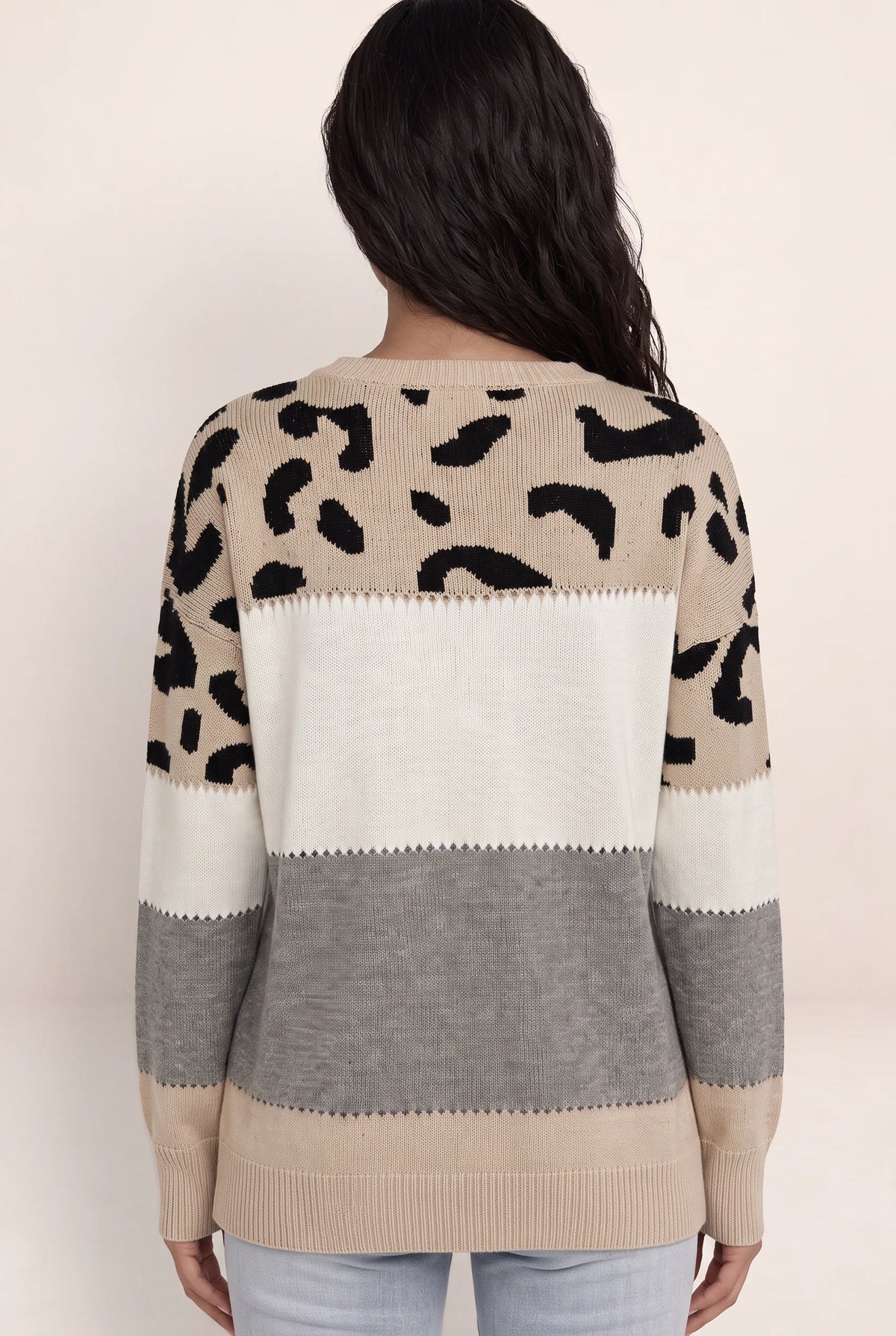 Women's Leopard Print Knit Sweater - Relaxed Crew Neck Jumper