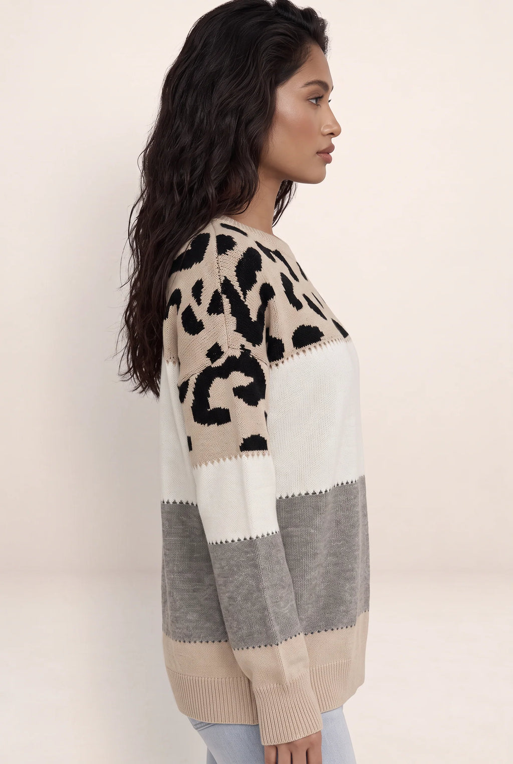 Women's Leopard Print Knit Sweater - Relaxed Crew Neck Jumper