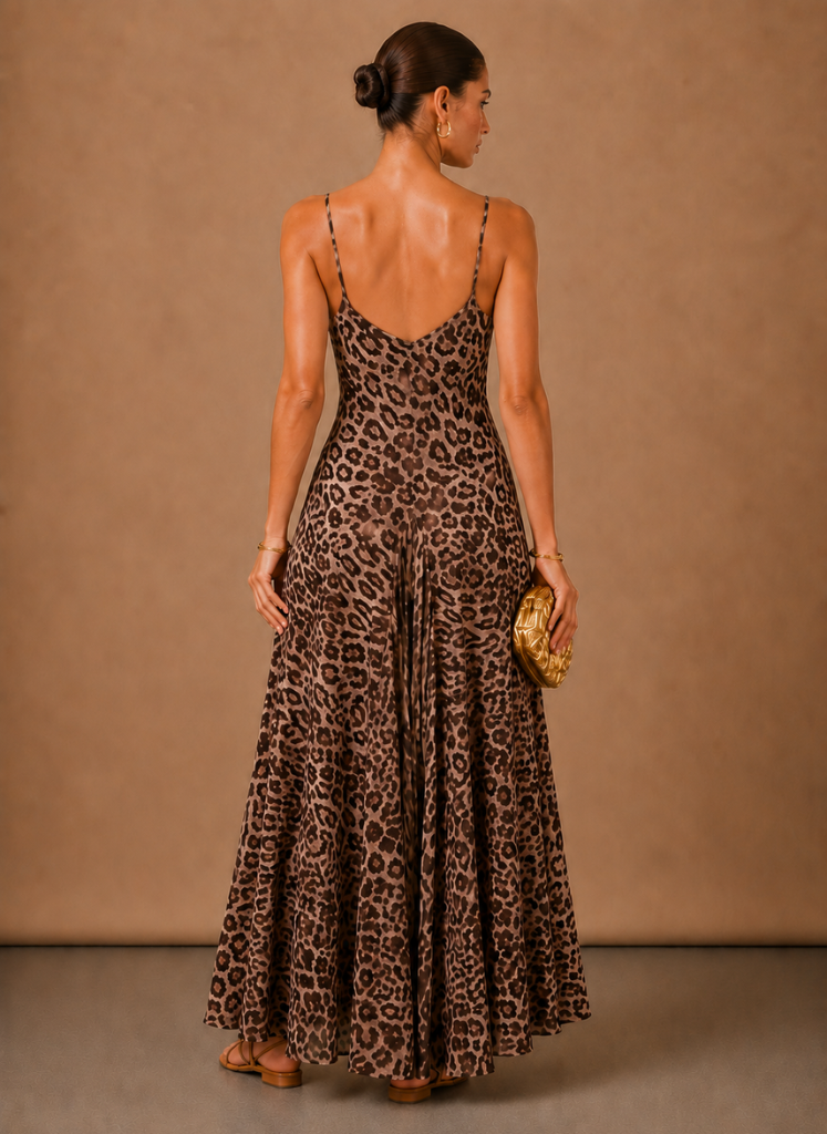 Women’s Leopard Print Strappy Maxi Dress – Elegant Summer Occasion