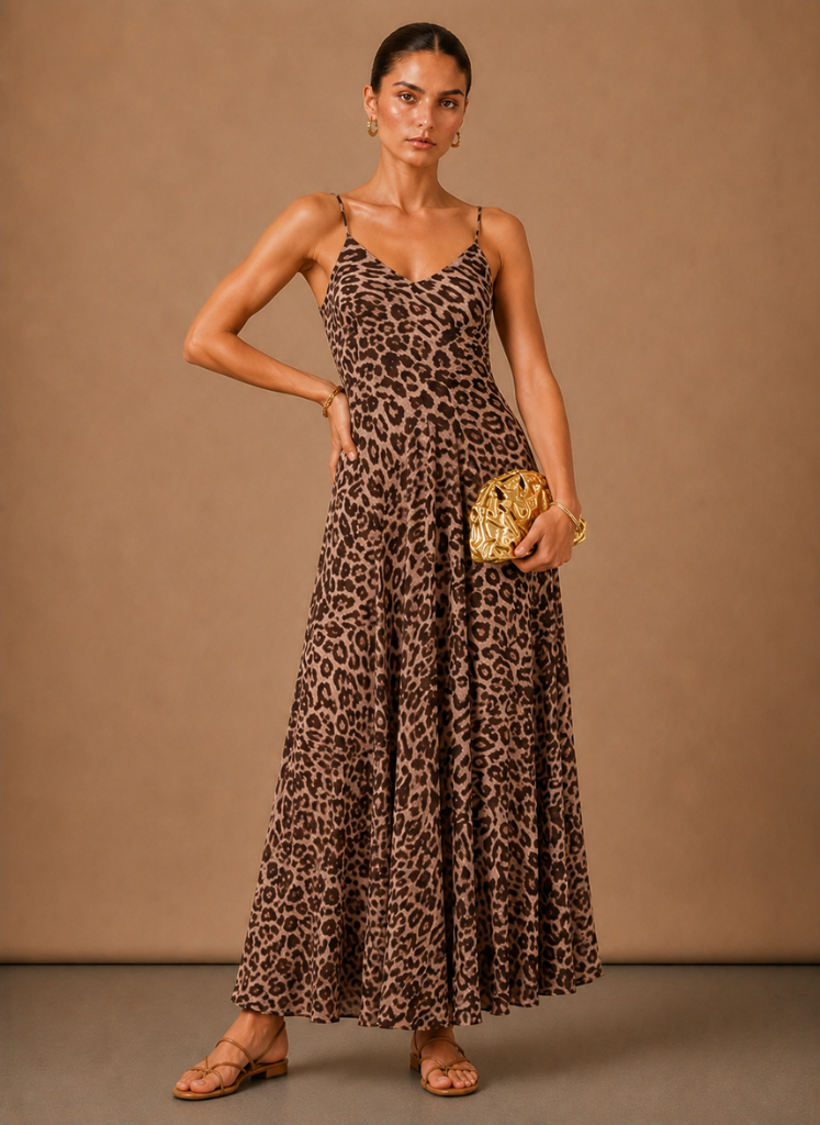 Women’s Leopard Print Strappy Maxi Dress – Elegant Summer Occasion