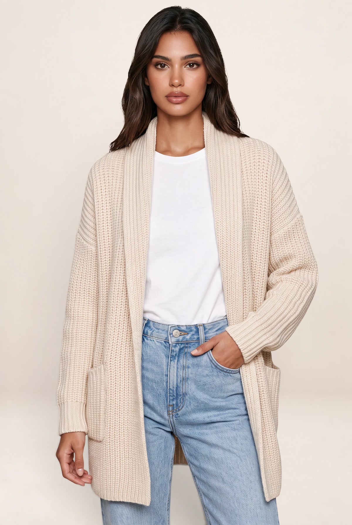 Women's Long Cardigan with Pockets - Soft Knit Style
