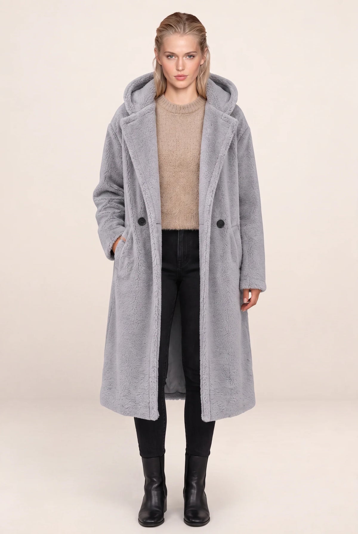 Women's Long Hooded Teddy Coat with Plush Borg Texture