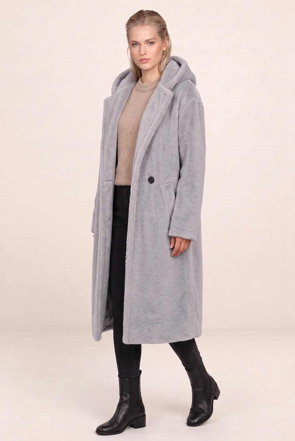 Women's Long Hooded Teddy Coat with Plush Borg Texture