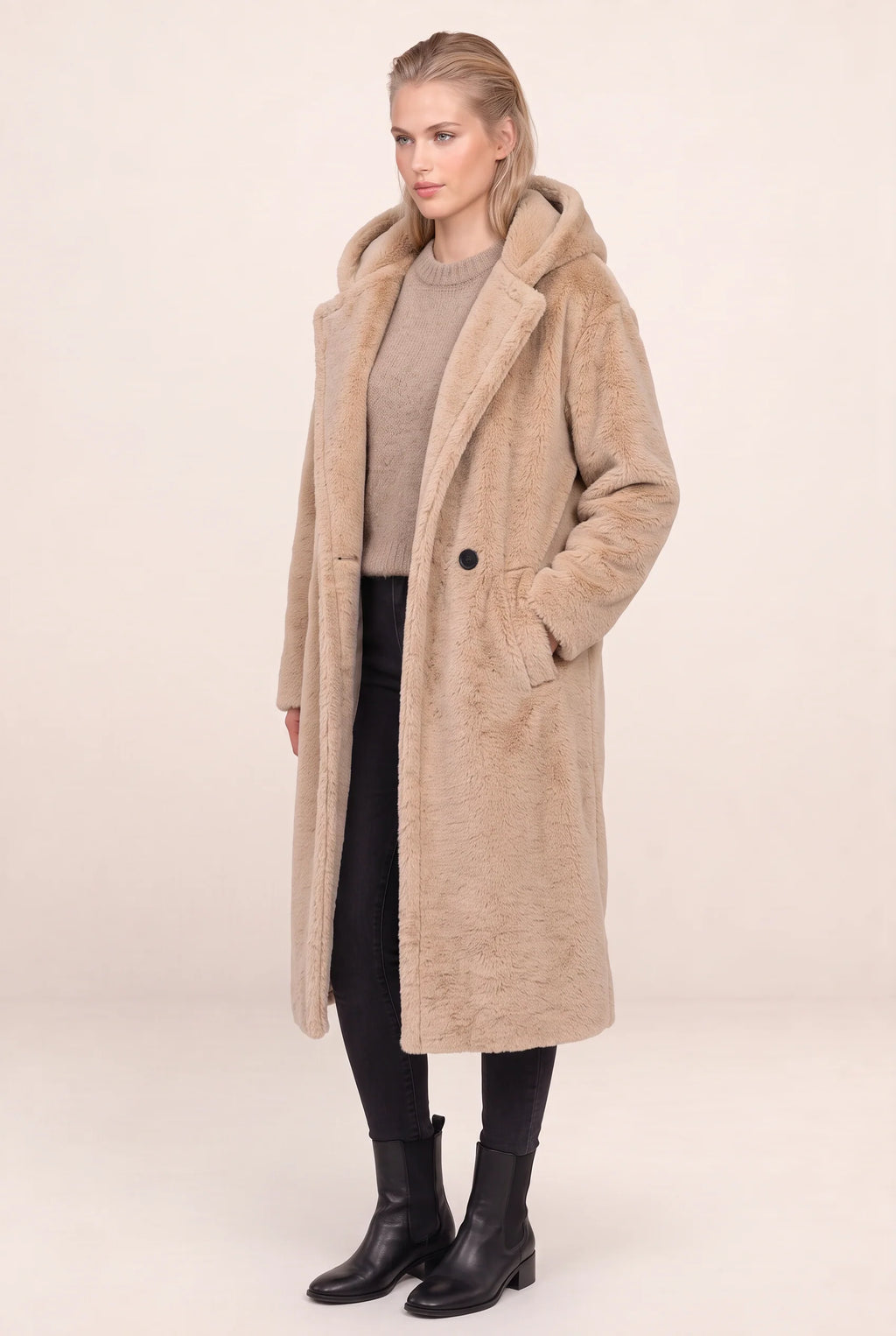 Women's Long Hooded Teddy Coat with Plush Borg Texture