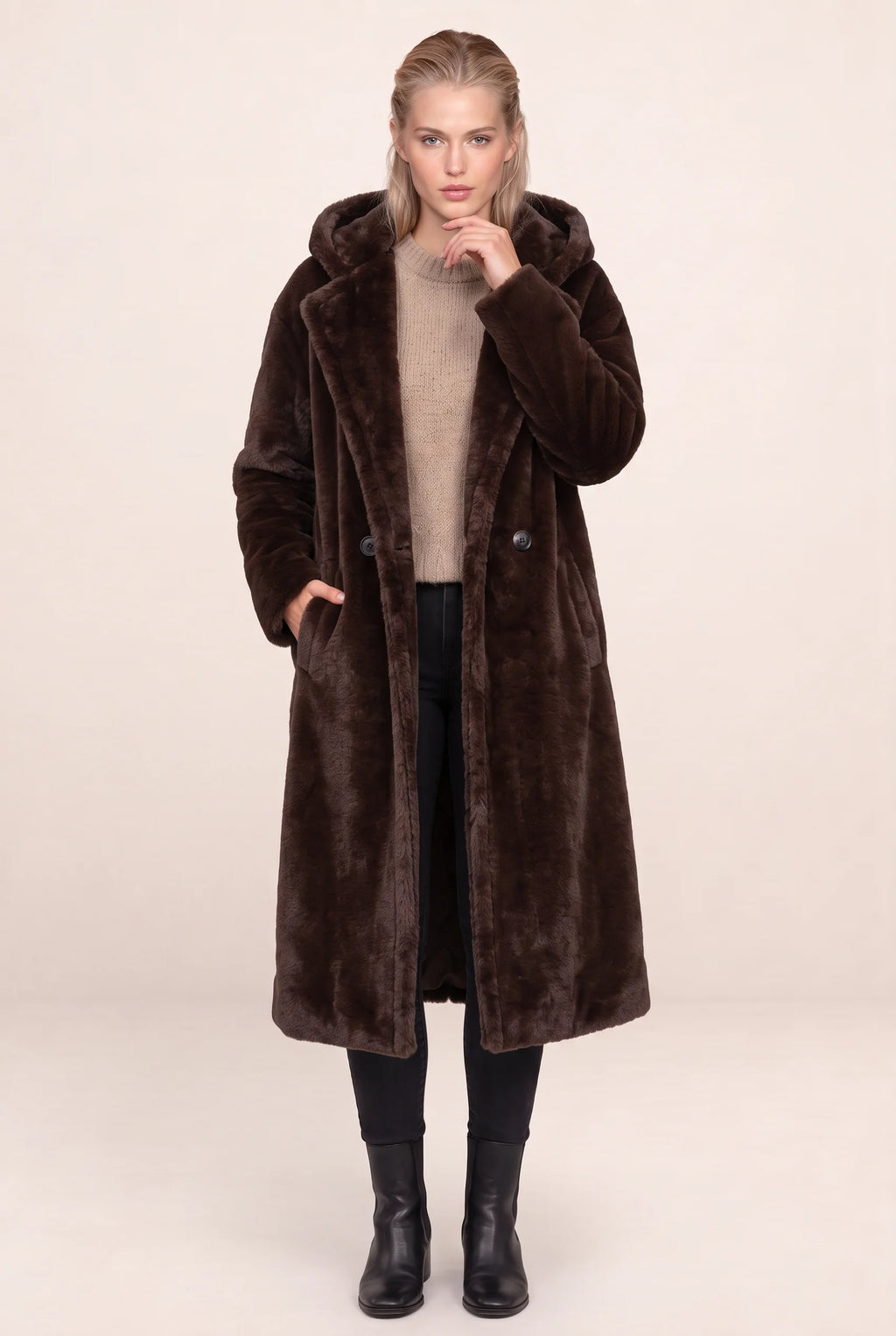 Women's Long Hooded Teddy Coat with Plush Borg Texture
