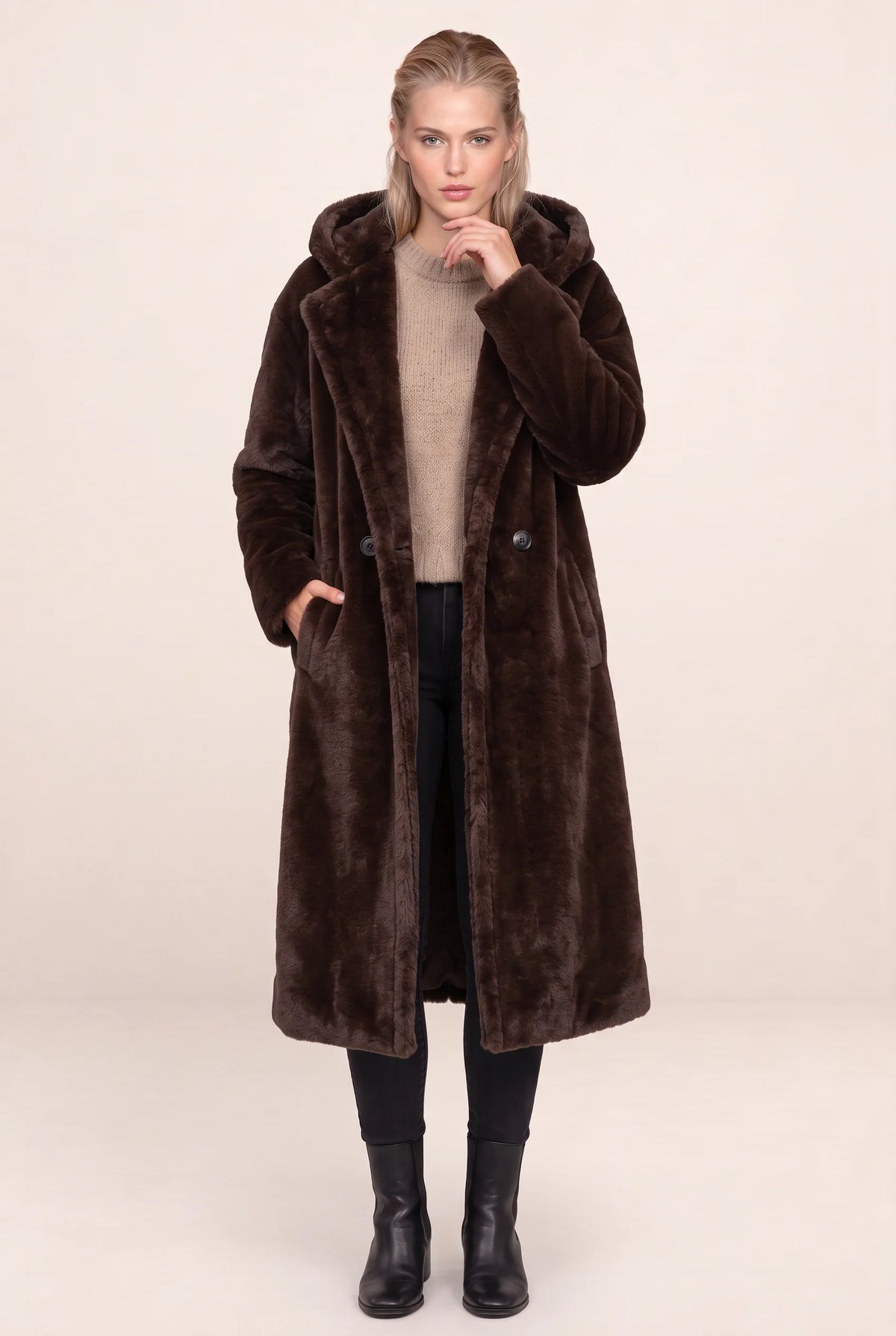 Women's Long Hooded Teddy Coat with Plush Borg Texture