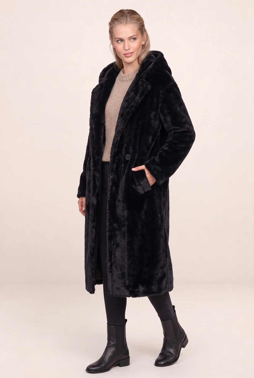 Women's Long Hooded Teddy Coat with Plush Borg Texture