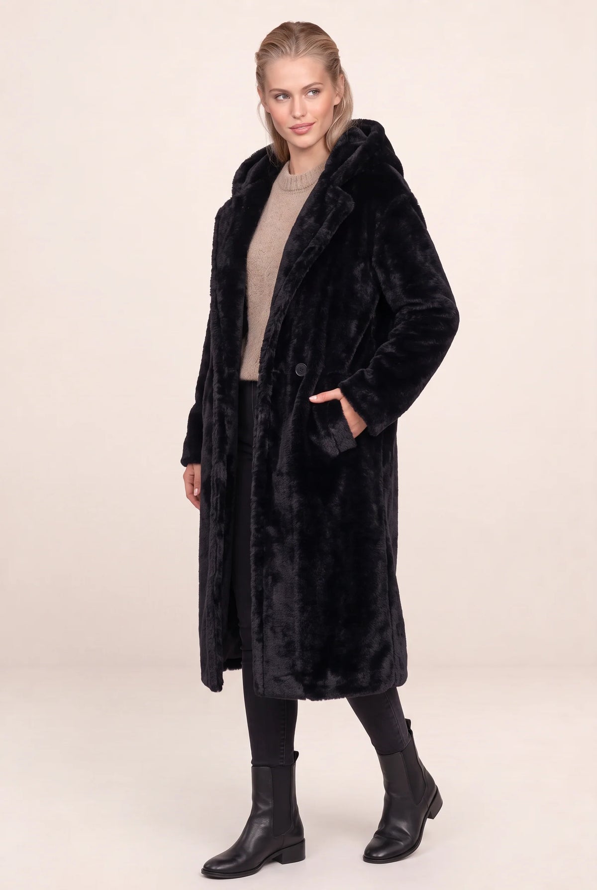 Women's Long Hooded Teddy Coat with Plush Borg Texture
