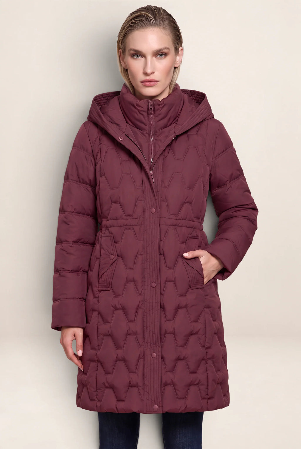 Women's Long Puffer Coat with Geometric Quilting