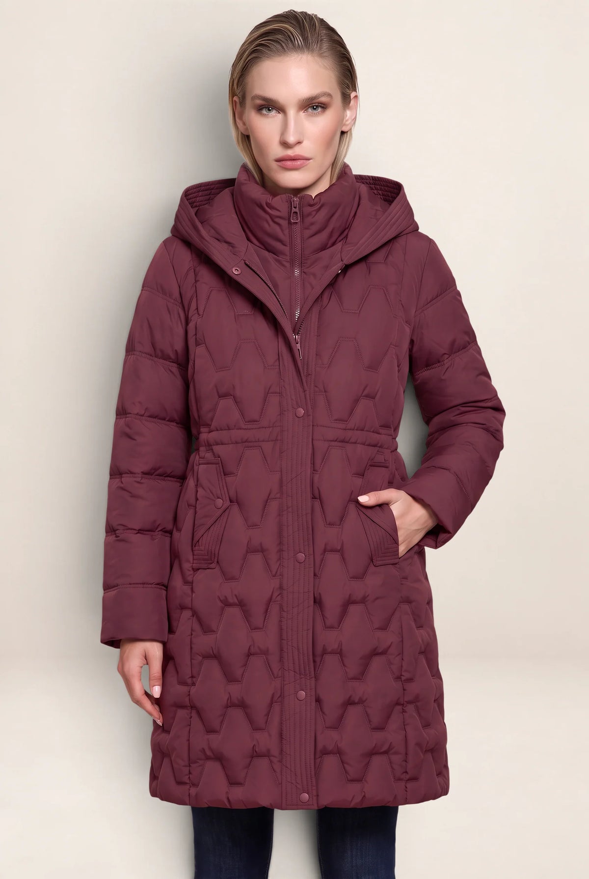 Women's Long Puffer Coat with Geometric Quilting
