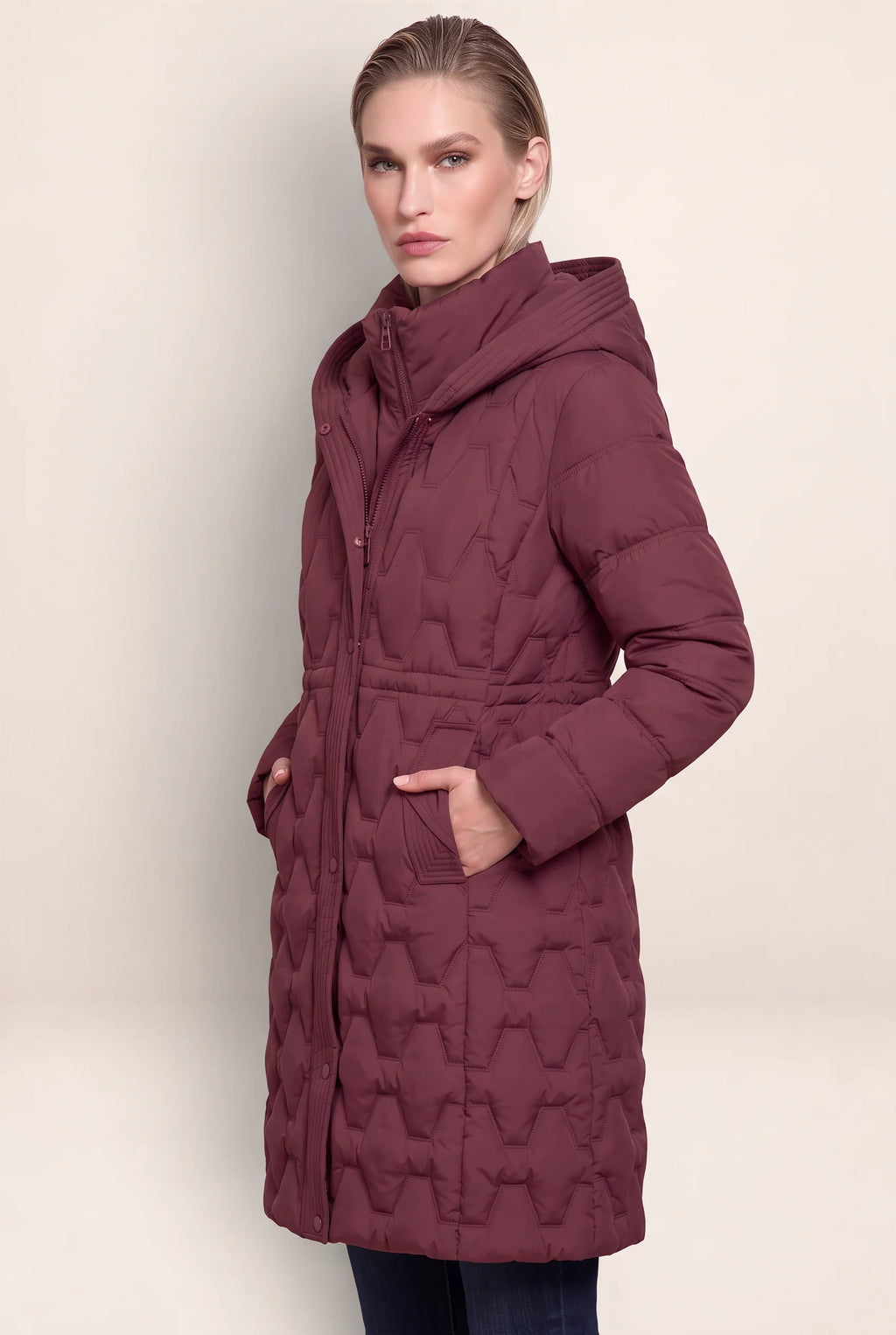 Women's Long Puffer Coat with Geometric Quilting