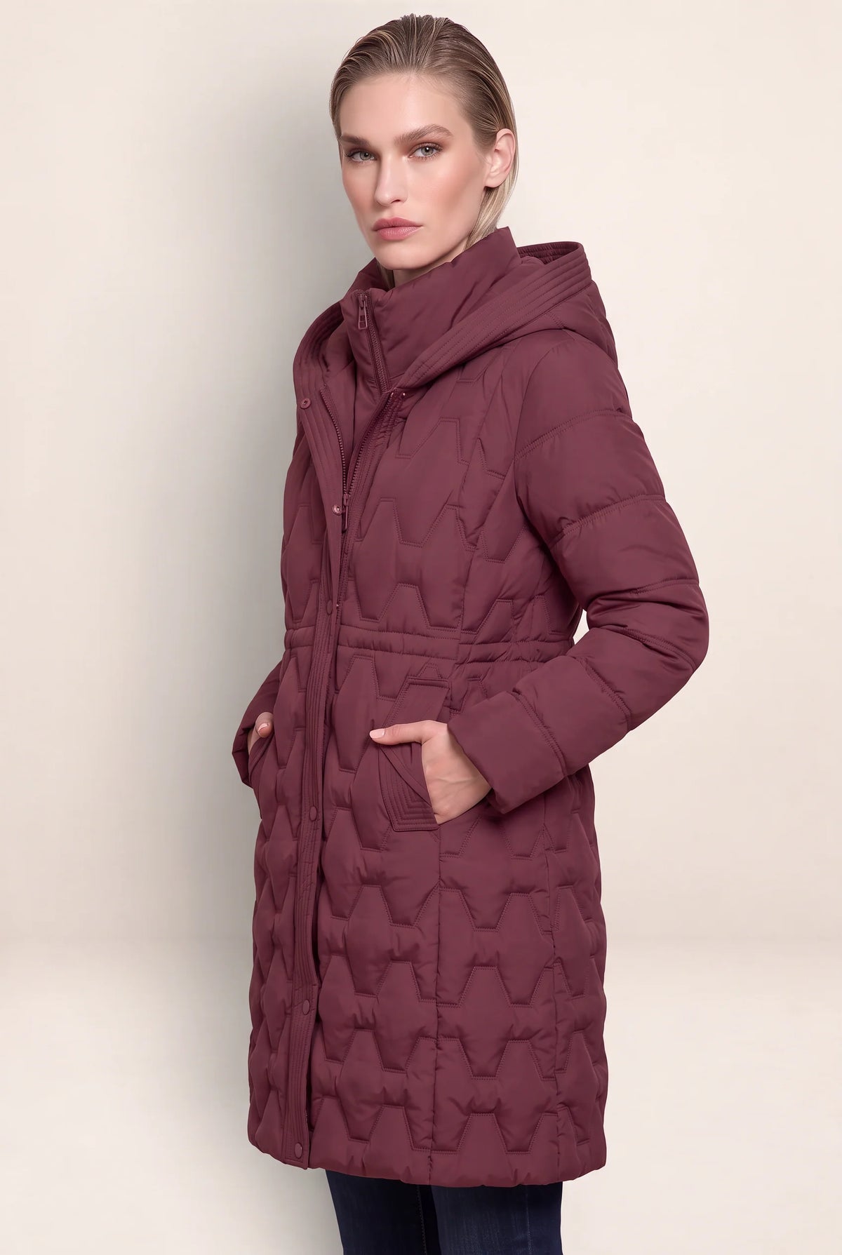 Women's Long Puffer Coat with Geometric Quilting