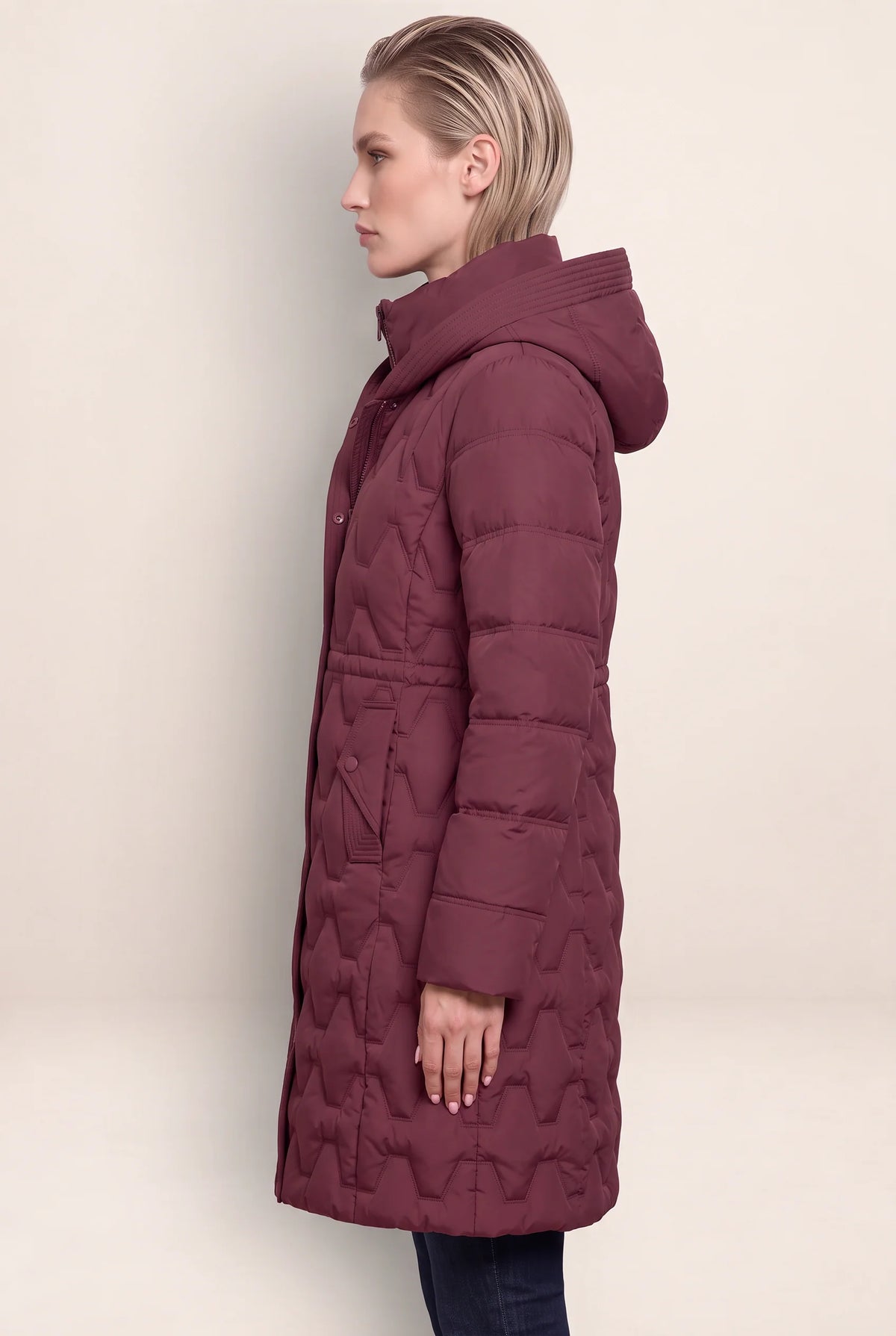 Women's Long Puffer Coat with Geometric Quilting