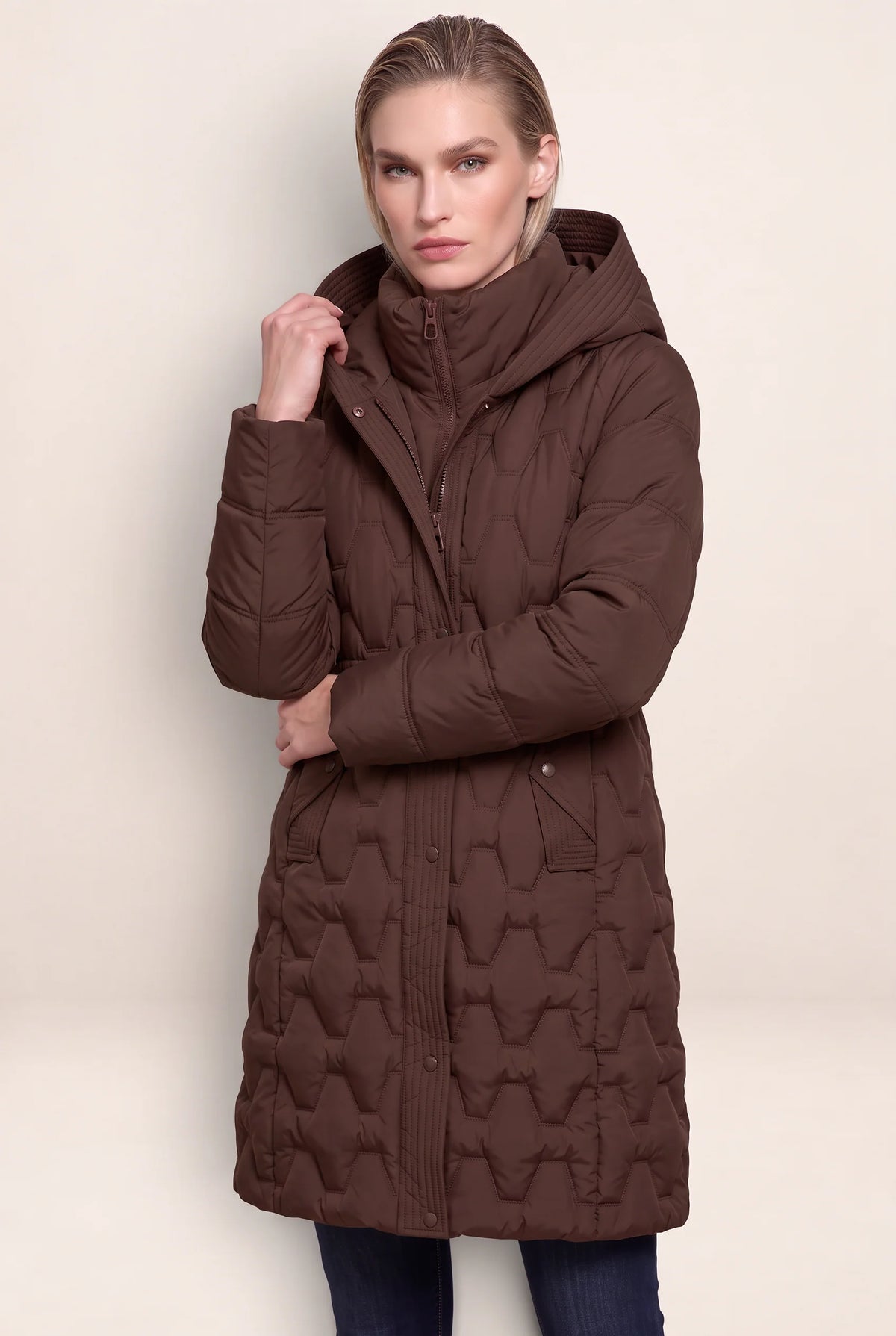 Women's Long Puffer Coat with Geometric Quilting