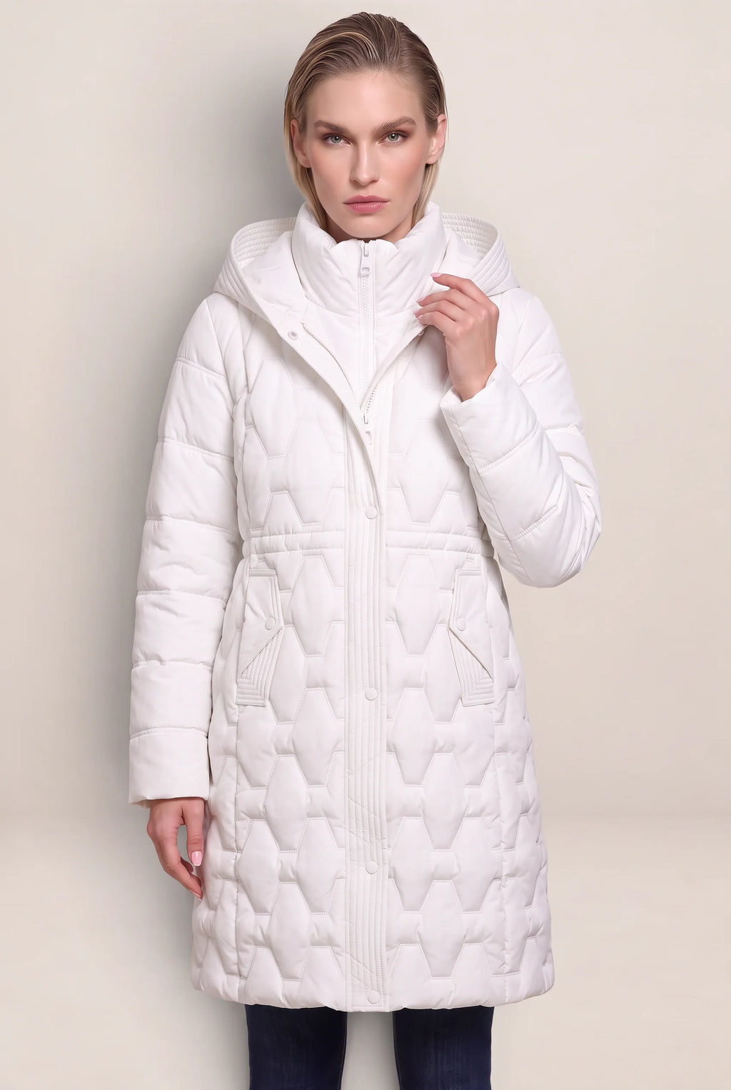 Women's Long Puffer Coat with Geometric Quilting