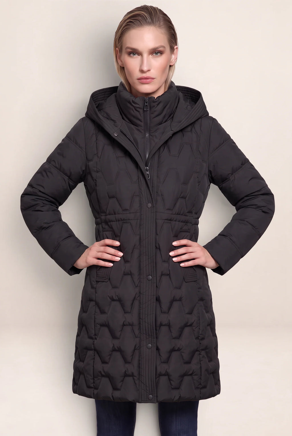 Women's Long Puffer Coat with Geometric Quilting