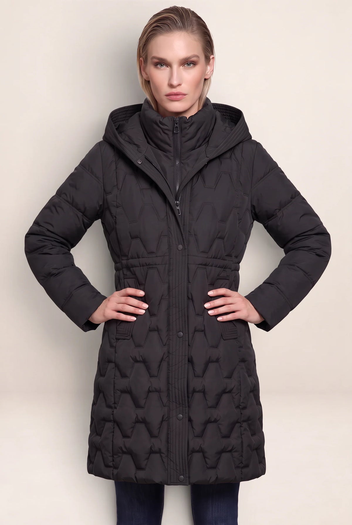 Women's Long Puffer Coat with Geometric Quilting