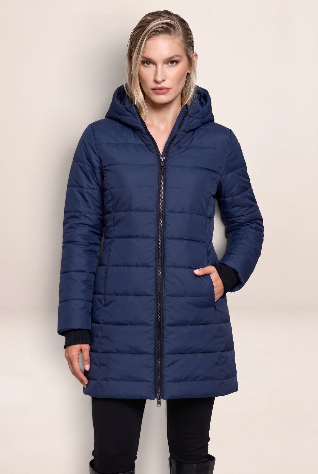 Women's Long Puffer Coat with Hood & Zip Closure