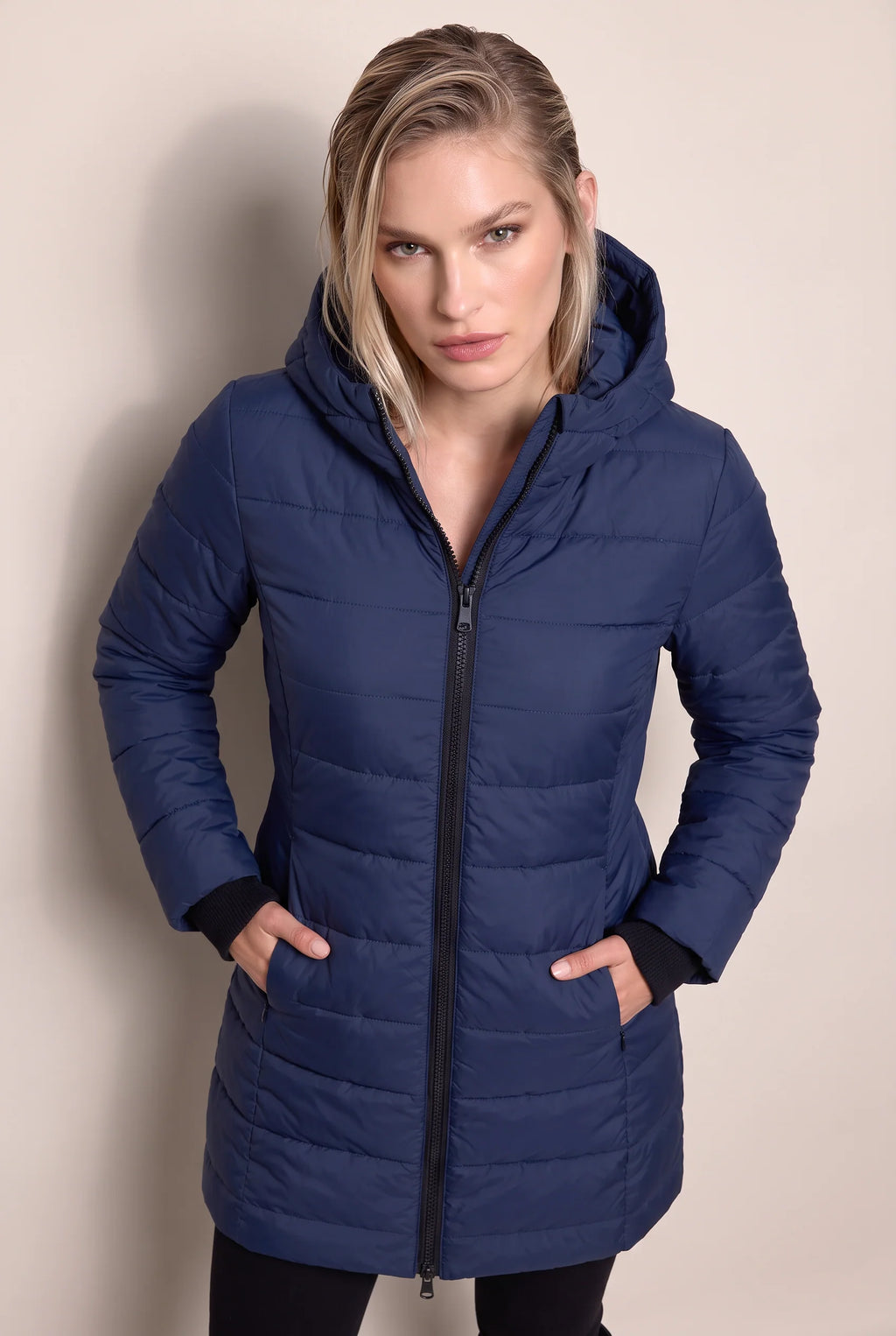 Women's Long Puffer Coat with Hood & Zip Closure
