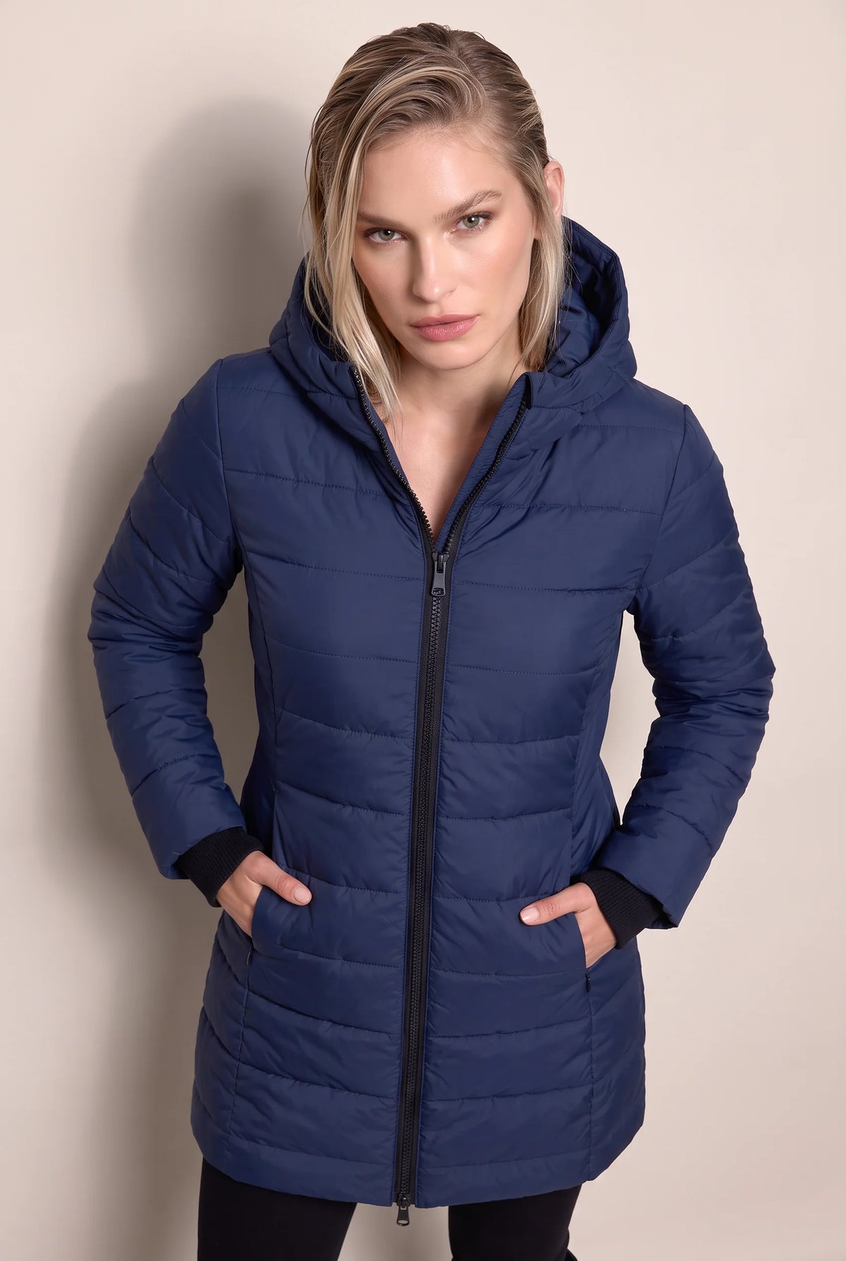 Women's Long Puffer Coat with Hood & Zip Closure