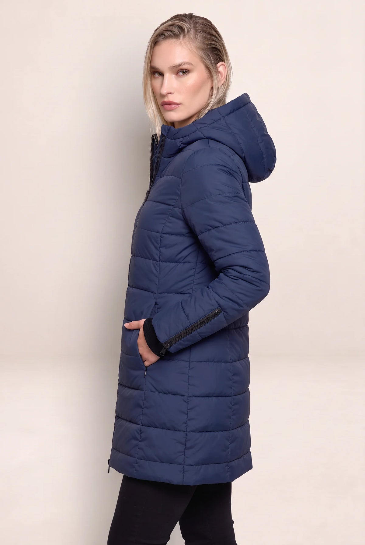 Women's Long Puffer Coat with Hood & Zip Closure