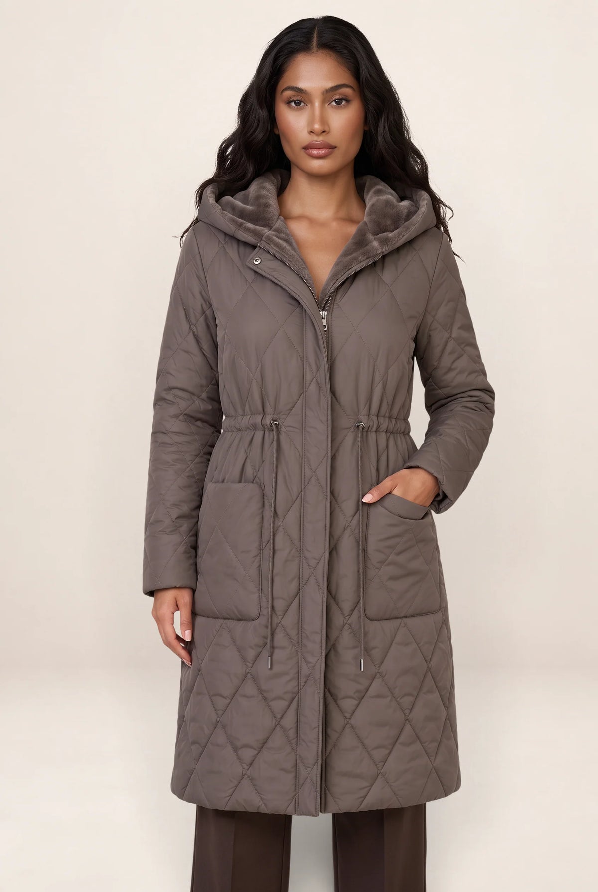 Women's Long Quilted Puffer with Faux Fur Collar