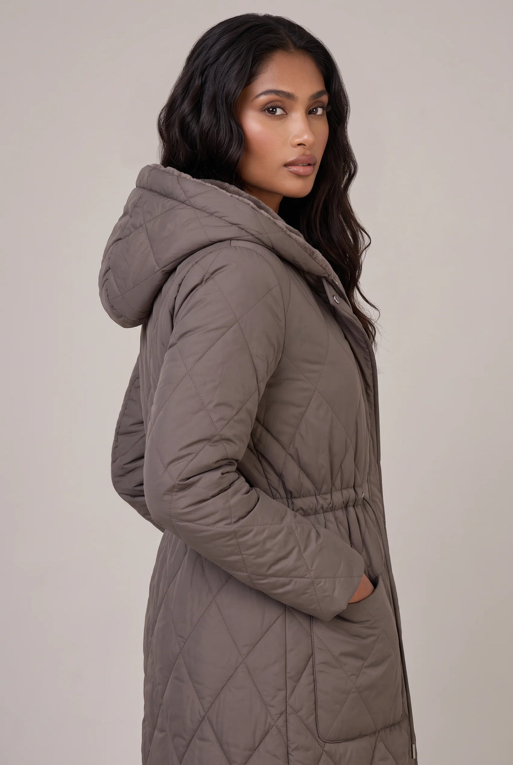 Women's Long Quilted Puffer with Faux Fur Collar