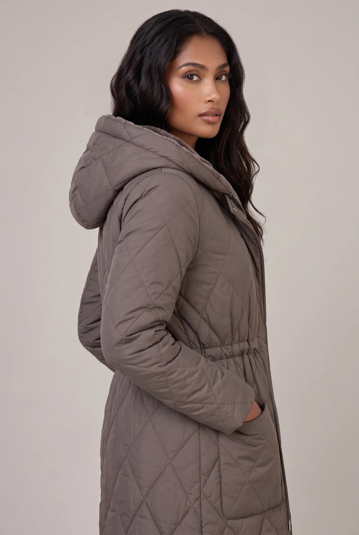 Women's Long Quilted Puffer with Faux Fur Collar