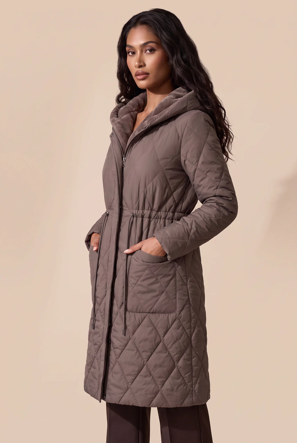 Women's Long Quilted Puffer with Faux Fur Collar