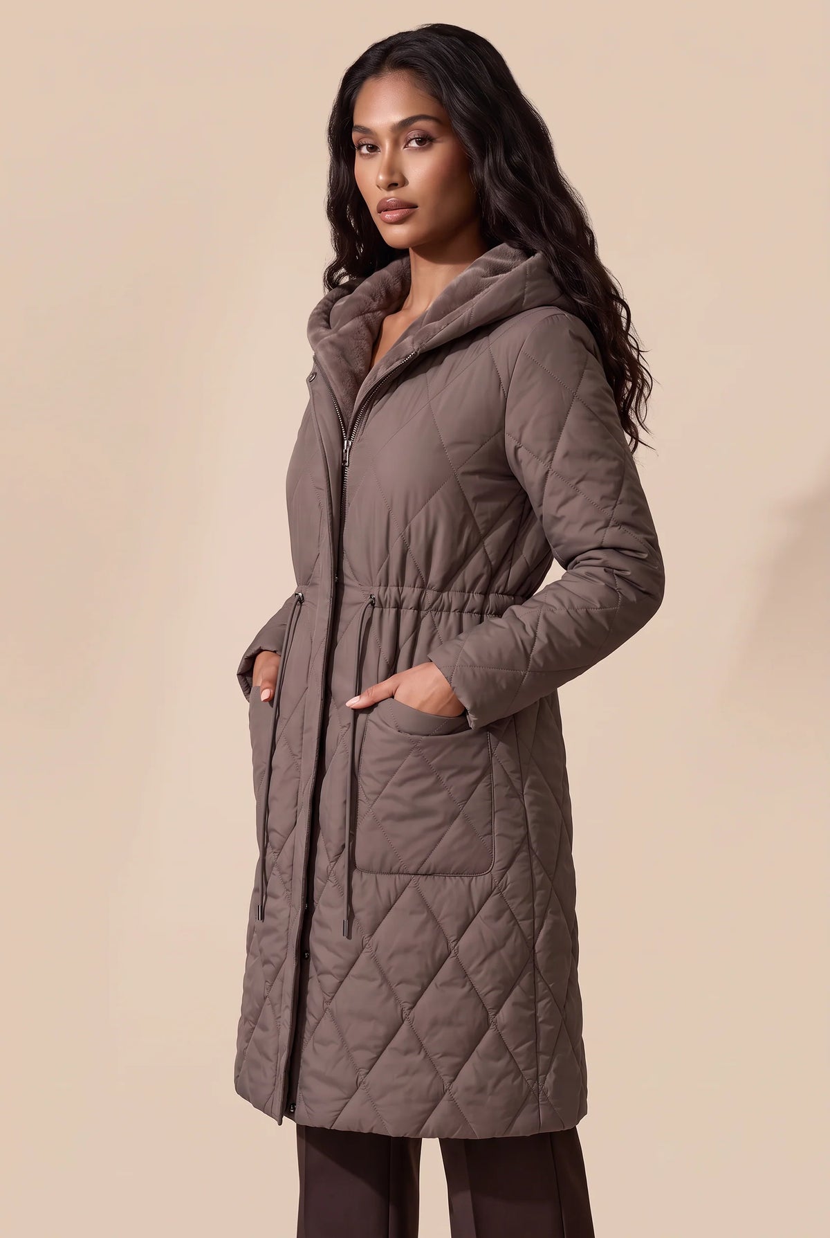 Women's Long Quilted Puffer with Faux Fur Collar