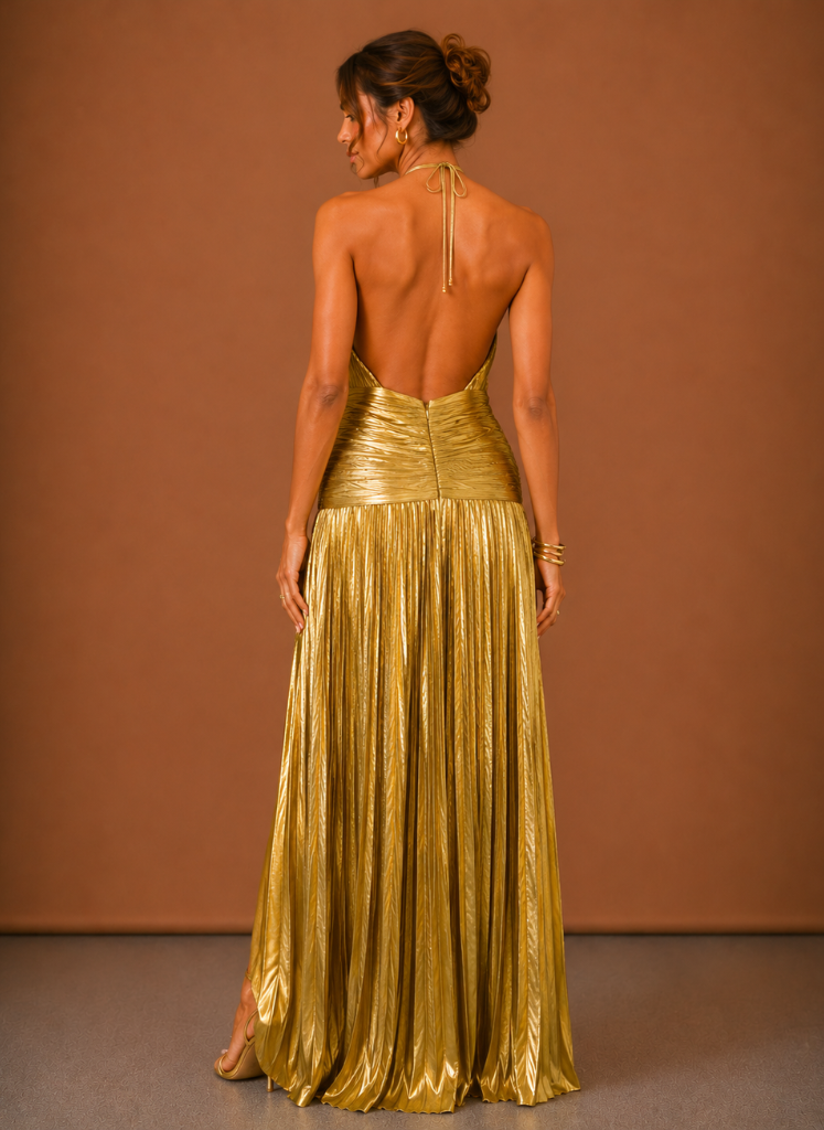 Women’s Metallic Halter Maxi Dress – Elegant Evening Occasion