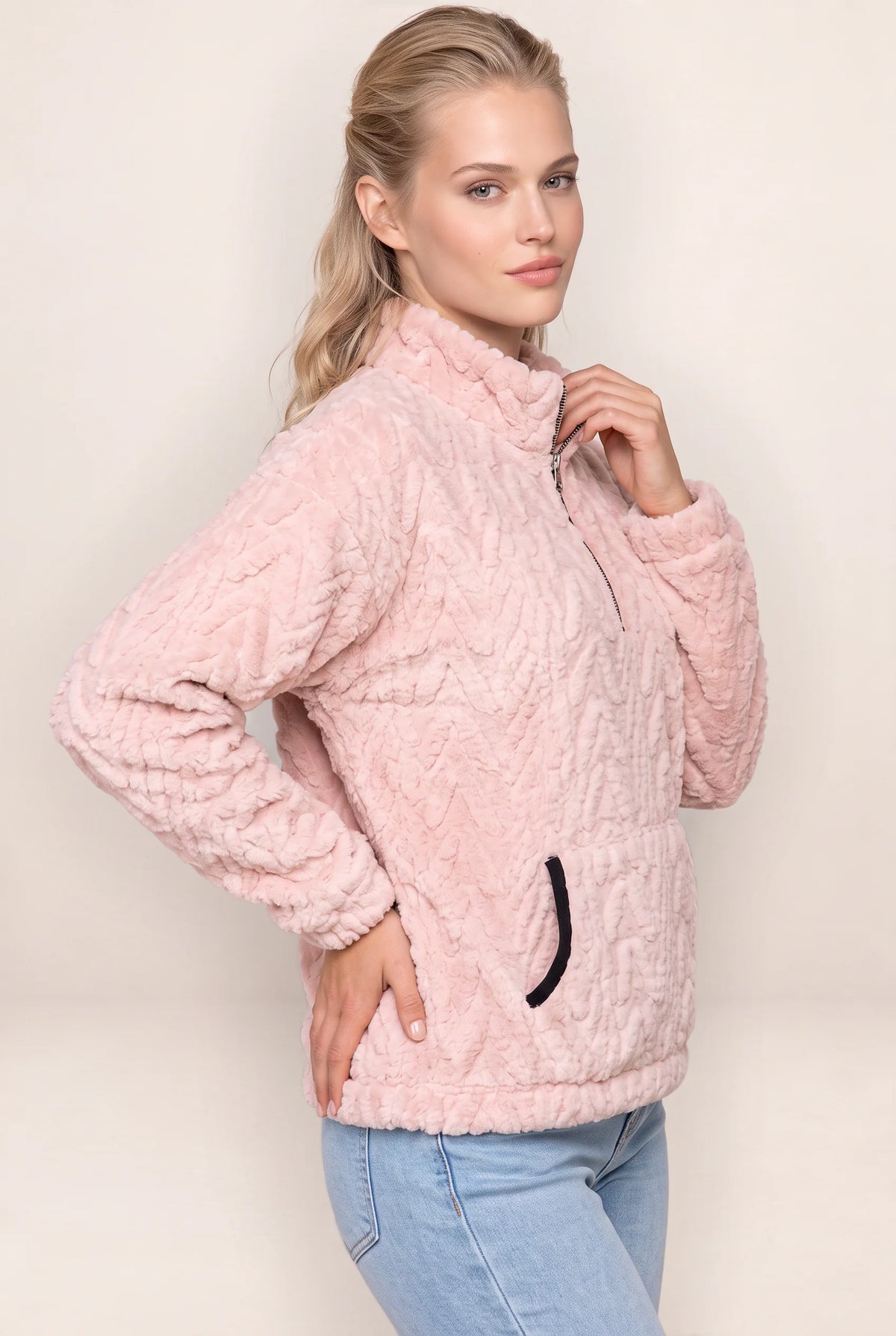 Women's Plush Half Zip Pullover with High Neck Design