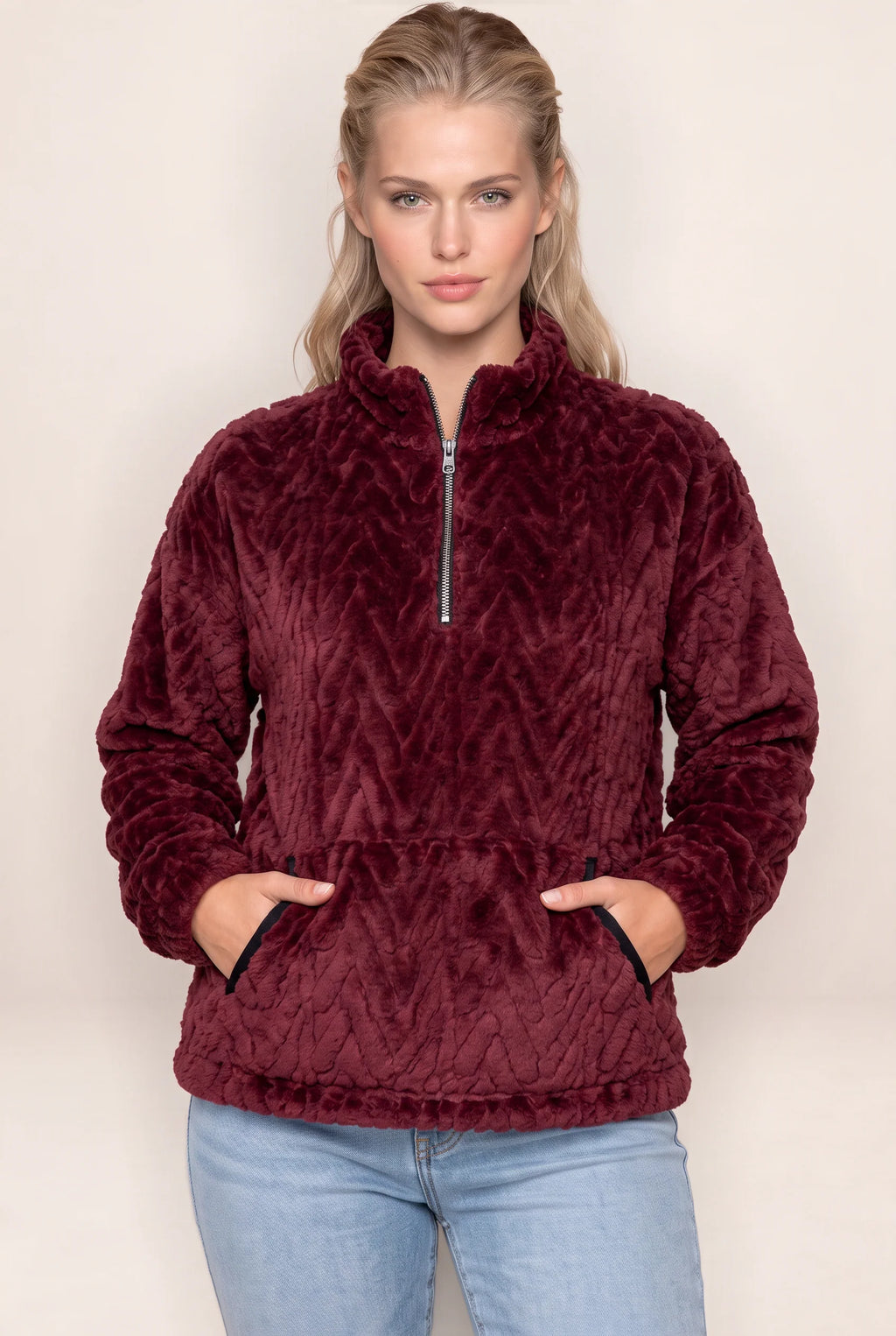 Women's Plush Half Zip Pullover with High Neck Design