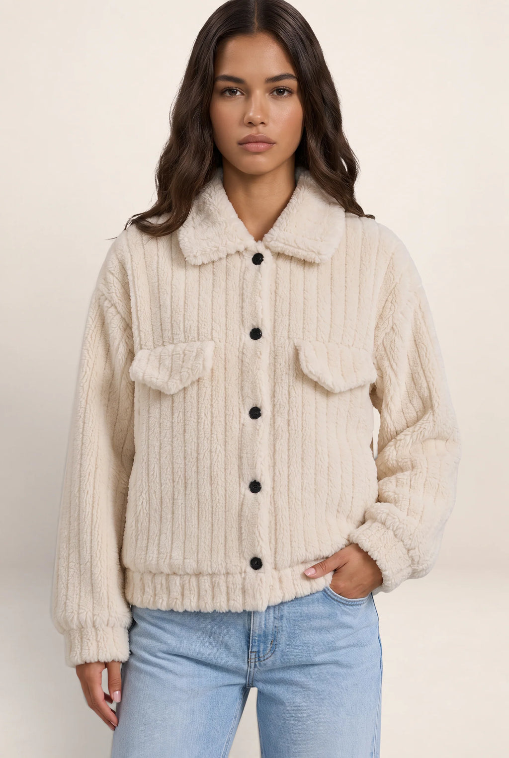 Women's Plush Teddy Jacket with Button-Up Front