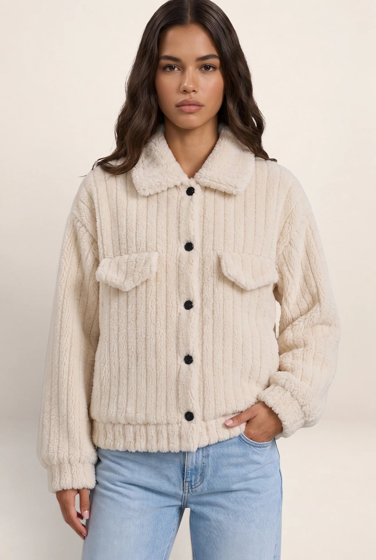 Women's Plush Teddy Jacket with Button-Up Front