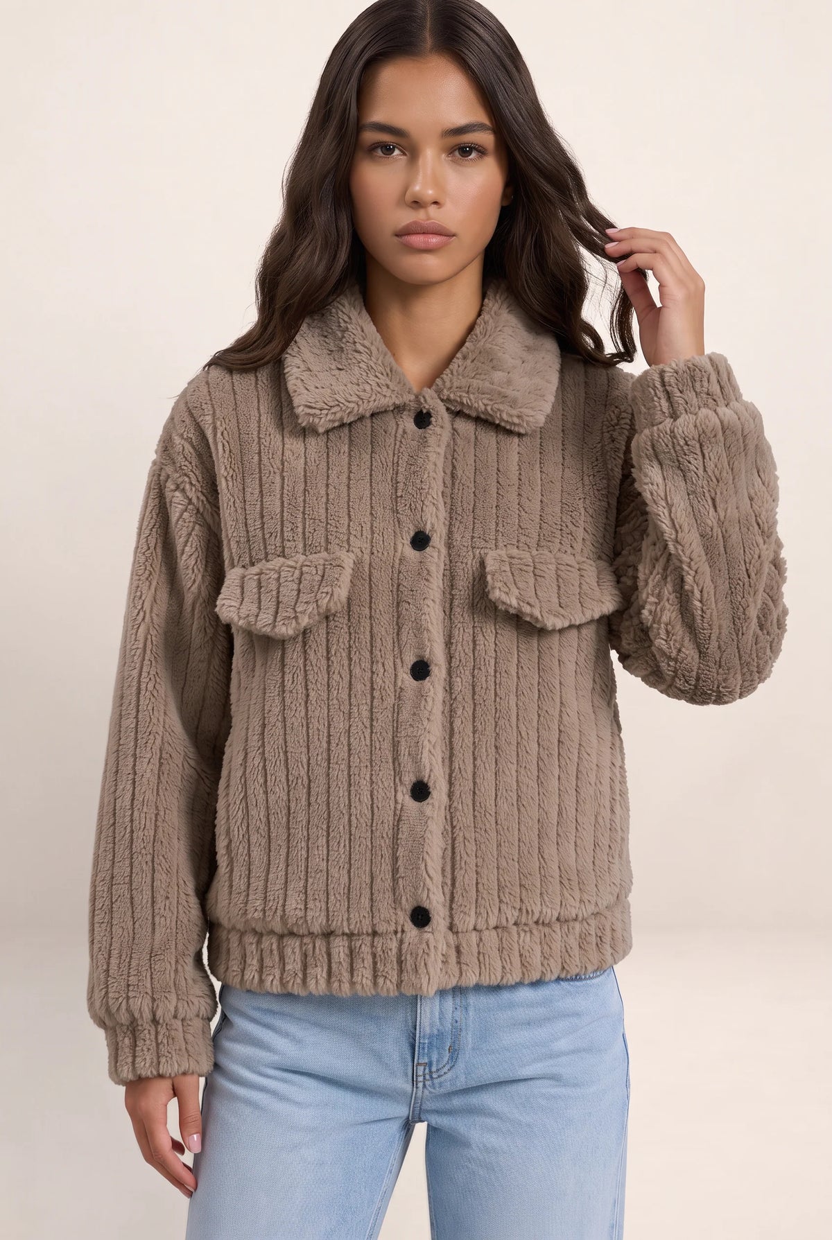 Women's Plush Teddy Jacket with Button-Up Front