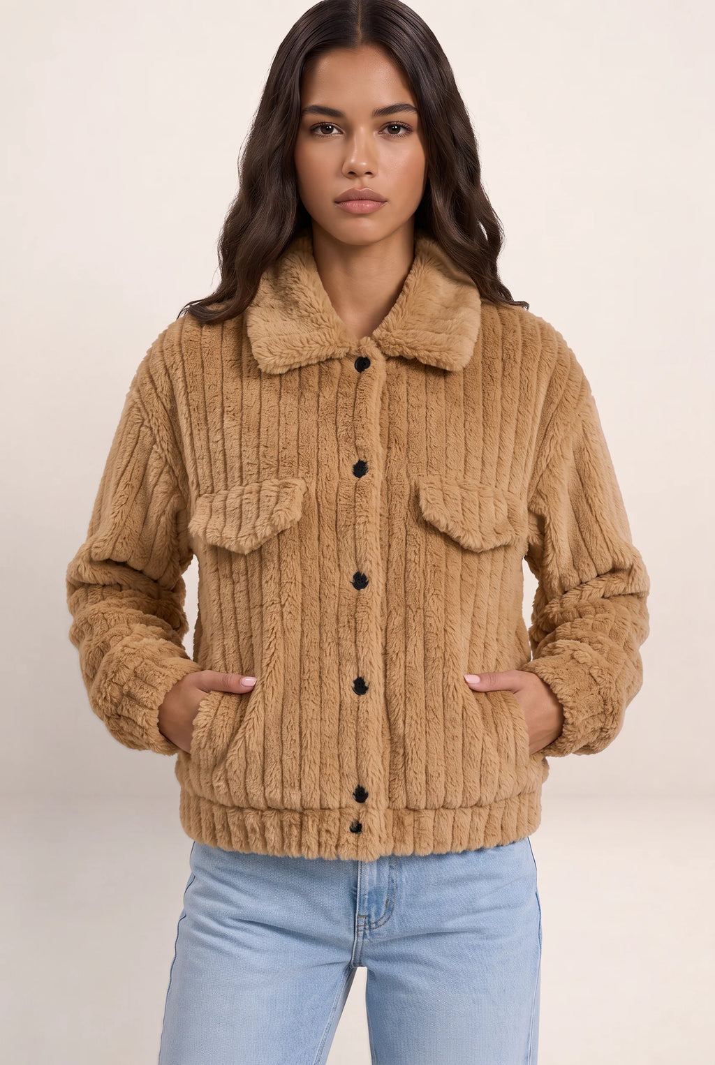 Women's Plush Teddy Jacket with Button-Up Front