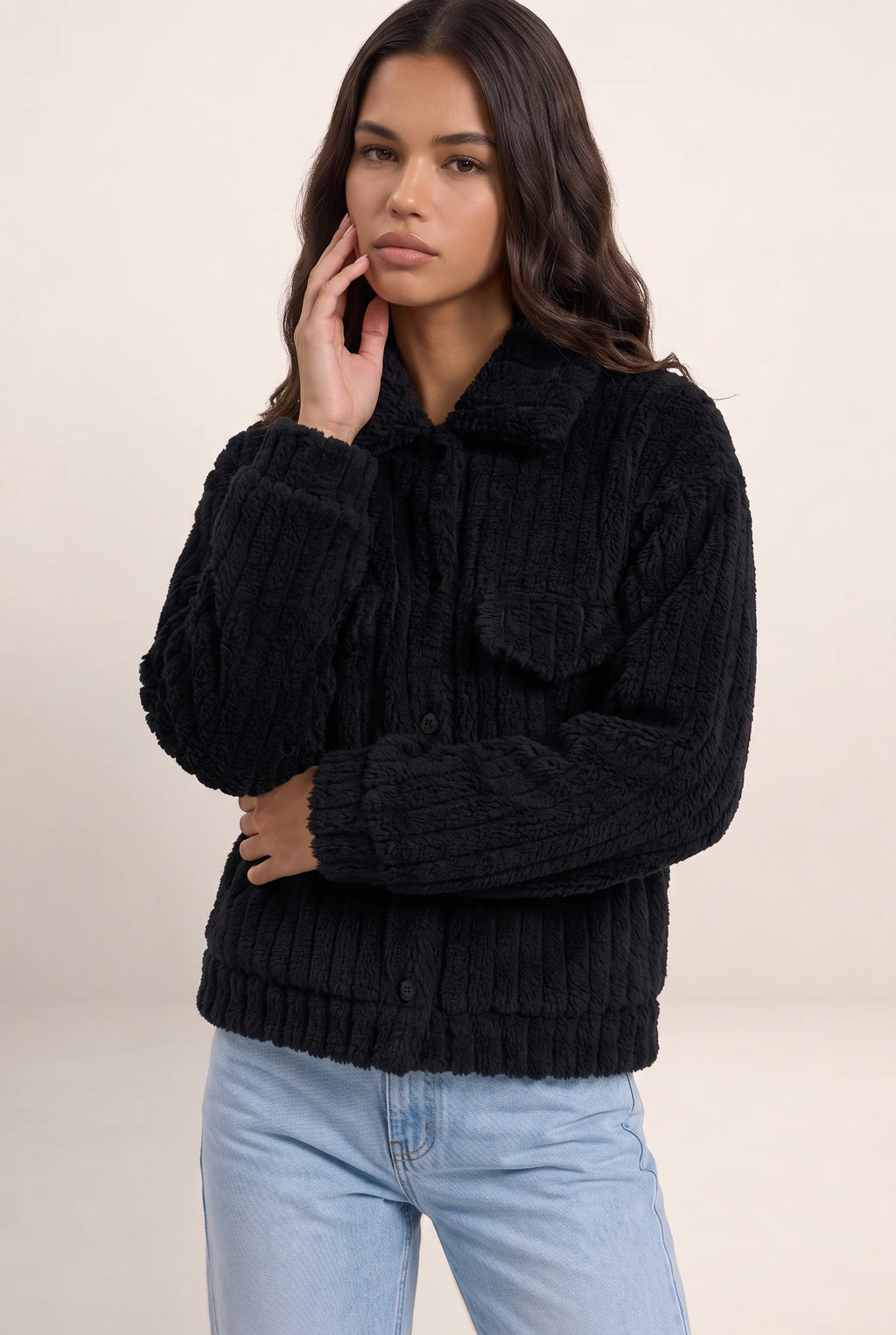 Women's Plush Teddy Jacket with Button-Up Front